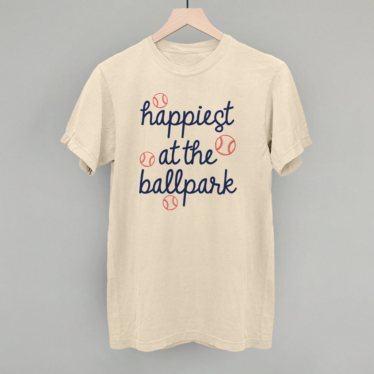 Happiest At The Ballpark Navy Script - Comfort Colors Tee, White - Bexa Boutique