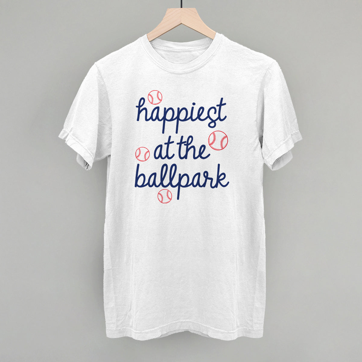 Happiest At The Ballpark Navy Script - Comfort Colors Tee, White - Bexa Boutique