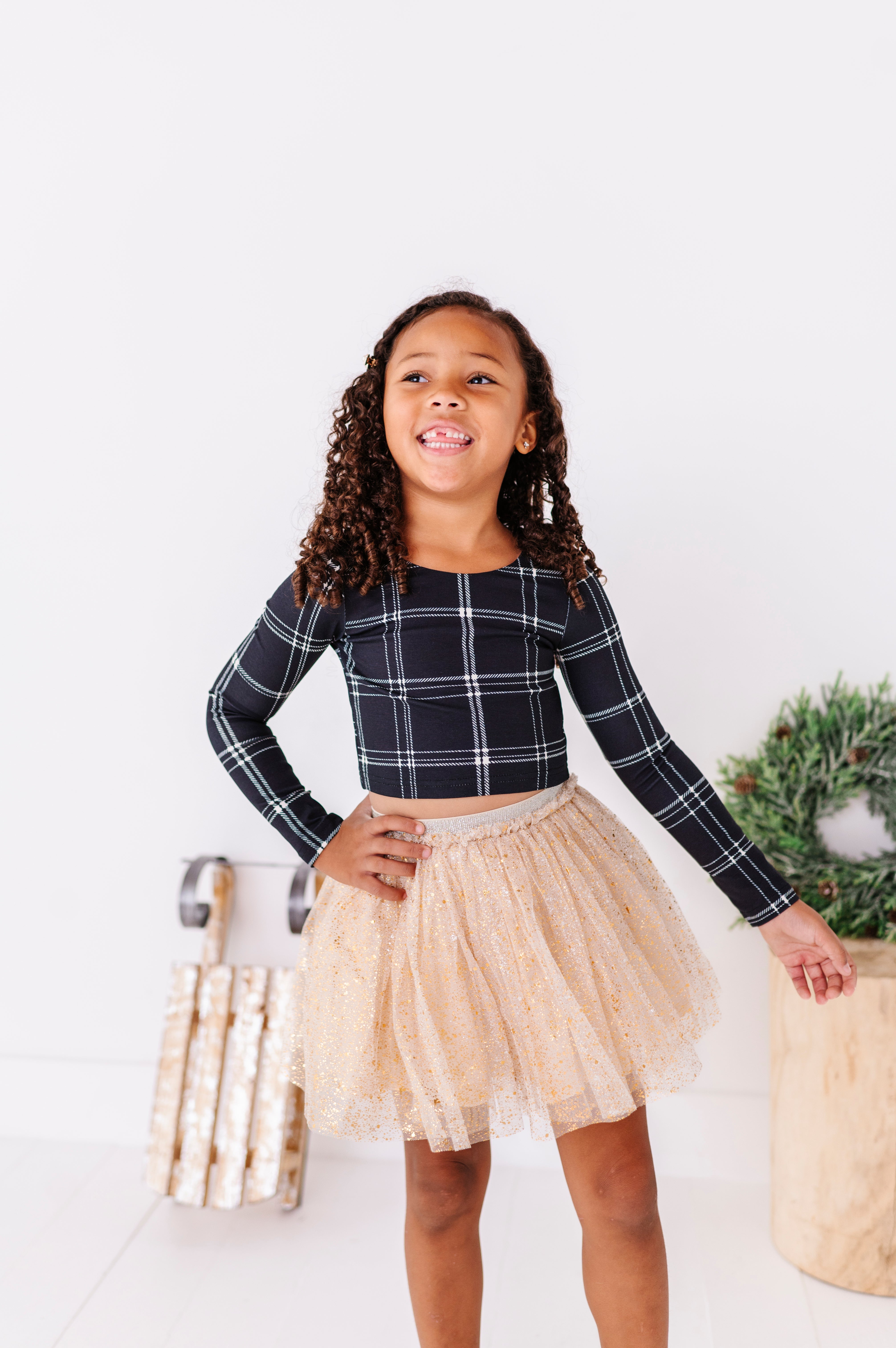 Black Plaid Top | CROPPED Bow Back Long Sleeve Top