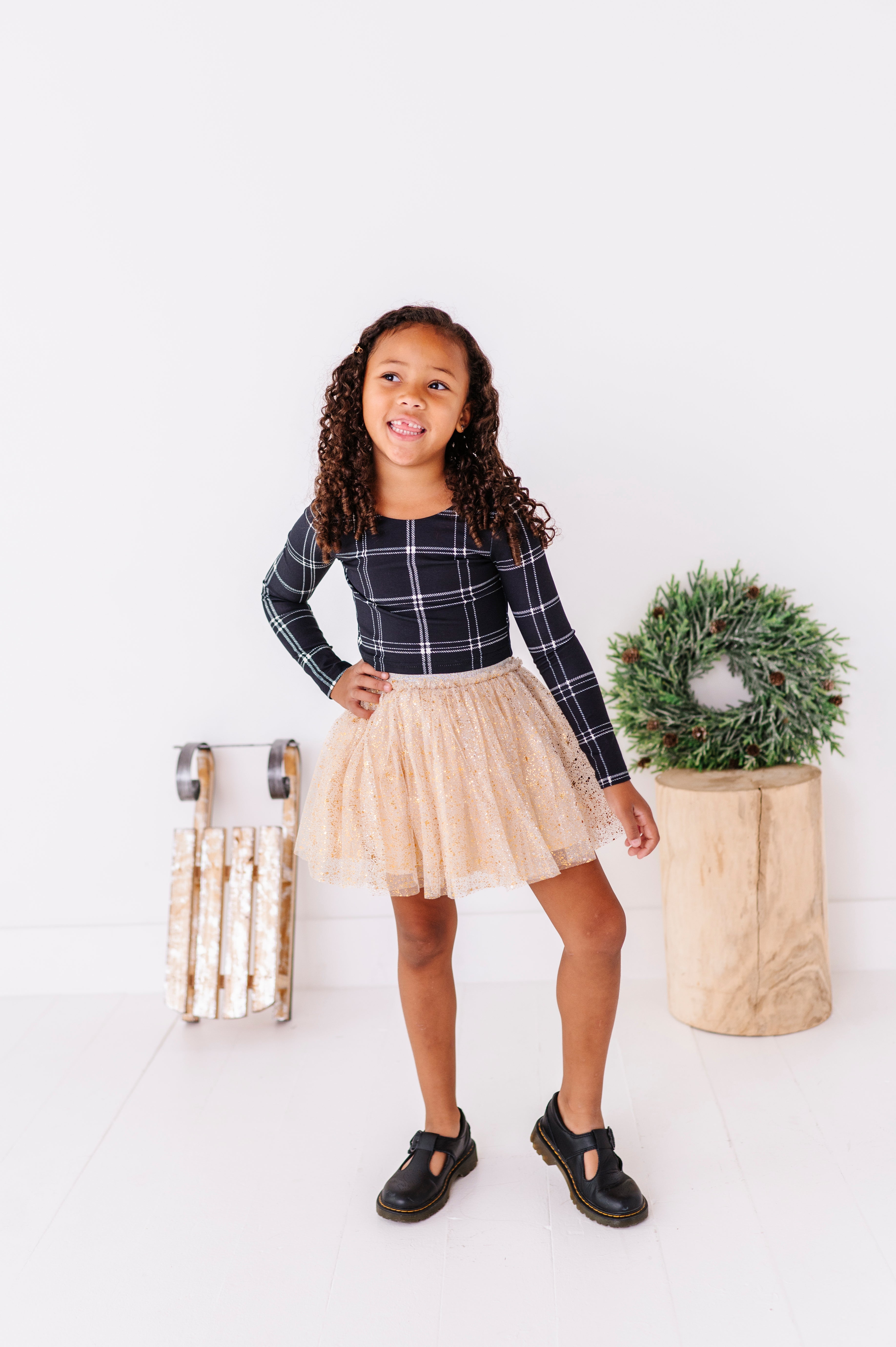 Black Plaid Top | CROPPED Bow Back Long Sleeve Top