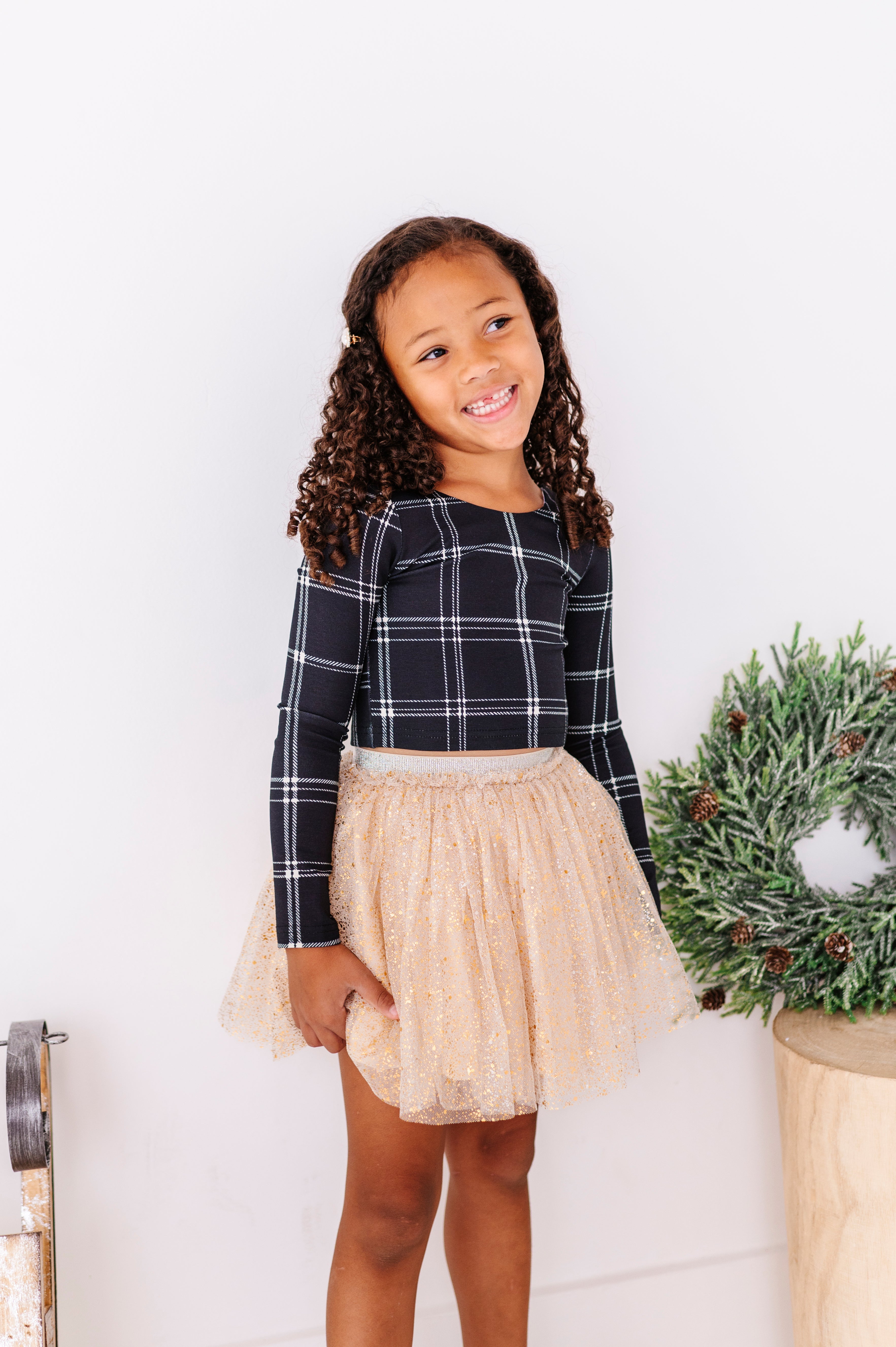 Black Plaid Top | CROPPED Bow Back Long Sleeve Top