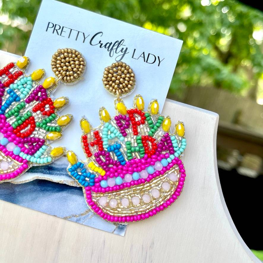 Happy Birthday Cake & Candles Beaded Earrings - Pretty Crafty Lady Shop