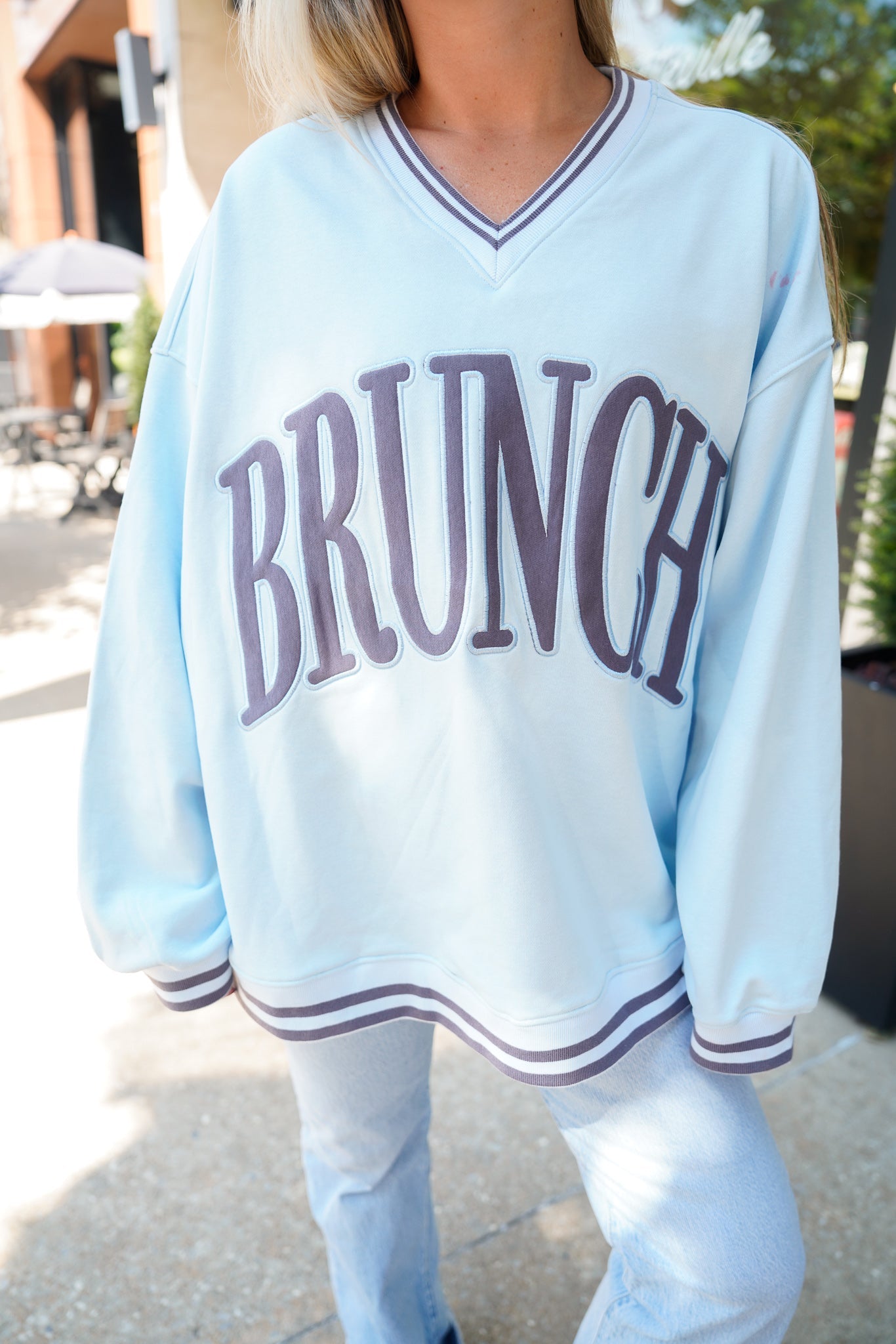 Brunch - Blue Vintage V-Neck Sweatshirt - Bexa Boutique