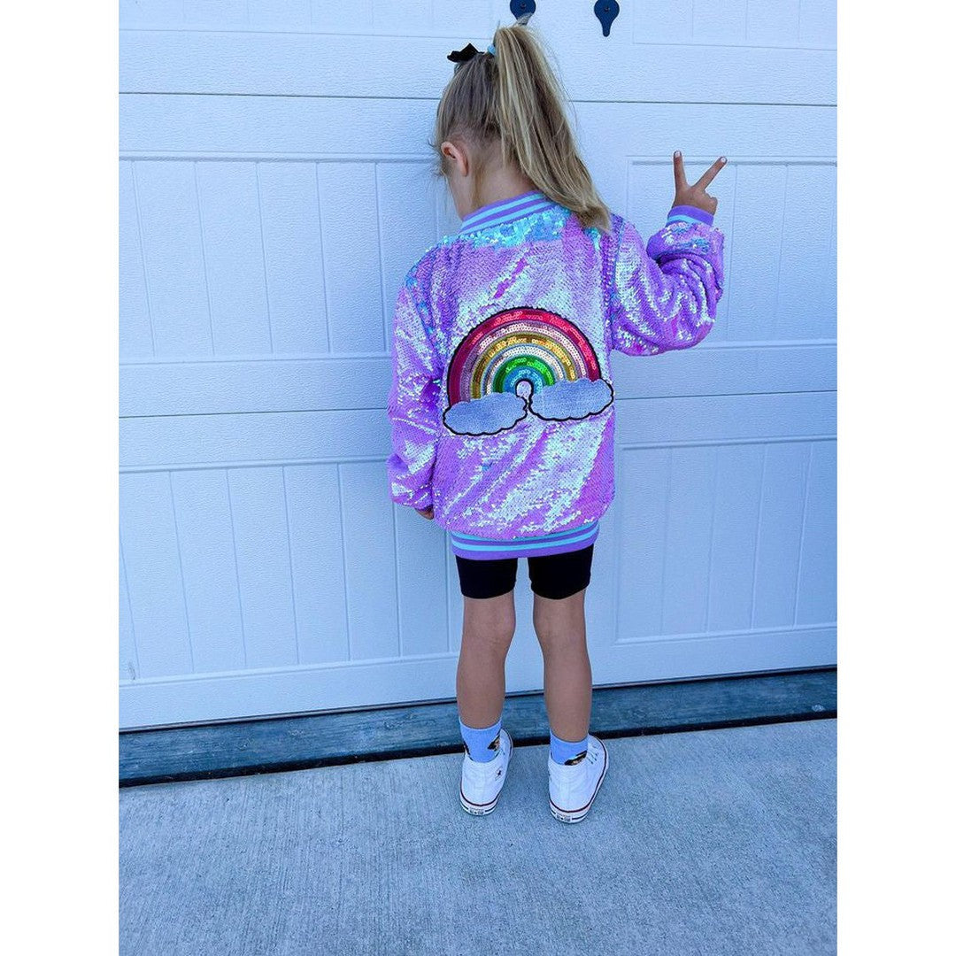 Purple Iridescent Patched Sequins Bomber Jacket