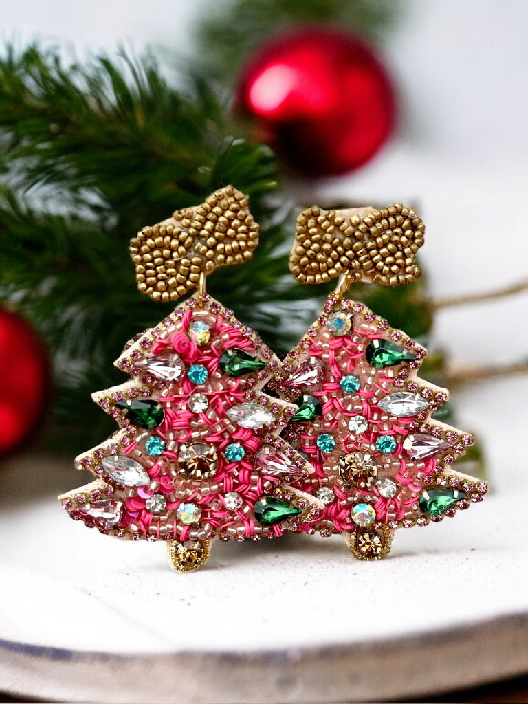 Pink Rhinestone Christmas Tree Dangle Earrings - Bexa Boutique