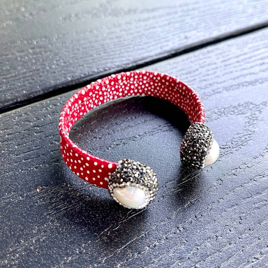 Red Stingray Open Cuff Bracelet with Pearls and Rhinestones - Bexa Boutique