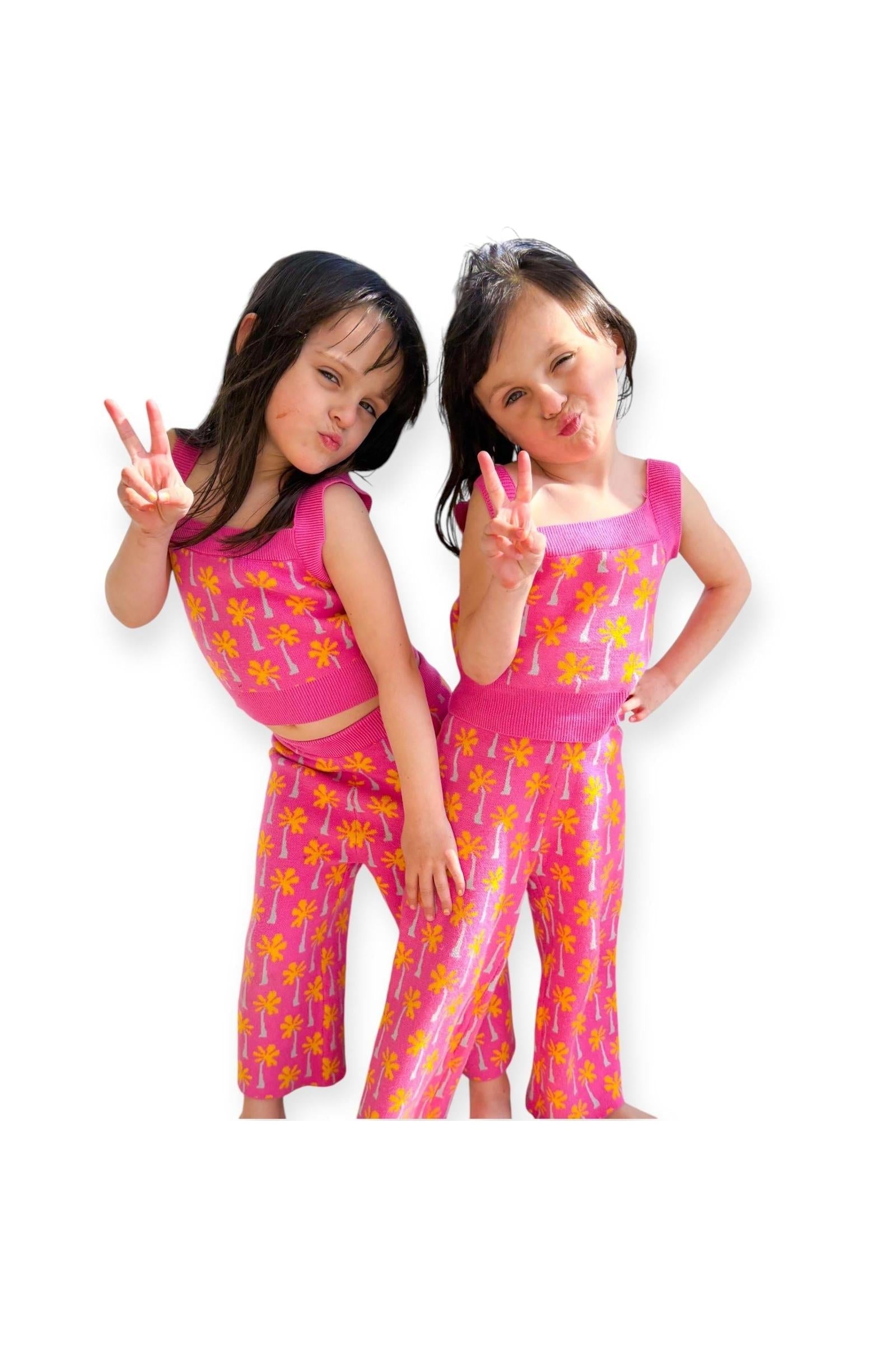 Pink Palm Tree Print Top and Pant Knit Set