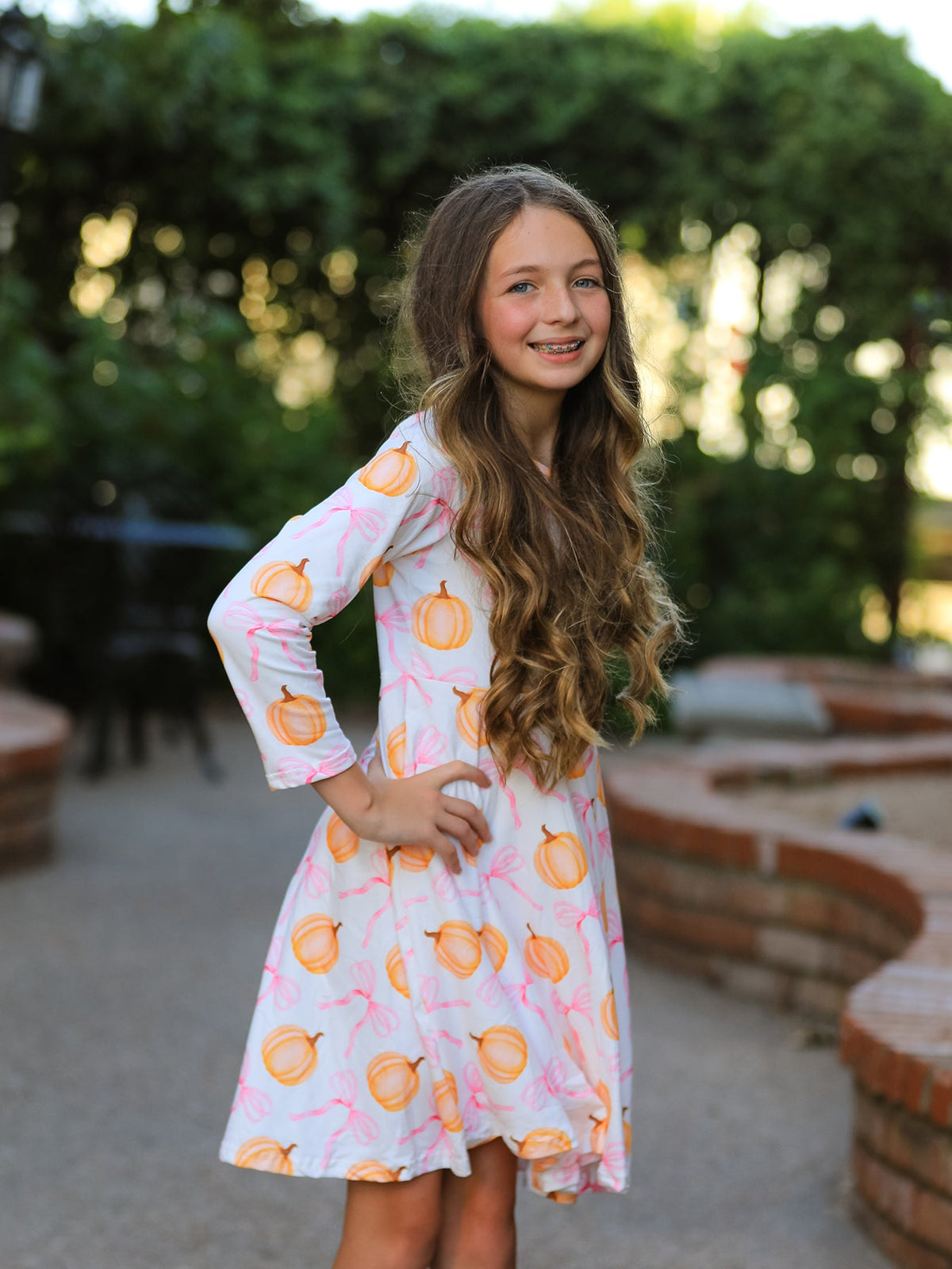 PREORDER Fall Halloween & Thanksgiving Pumpkin Bow Print Long Sleeve Dress