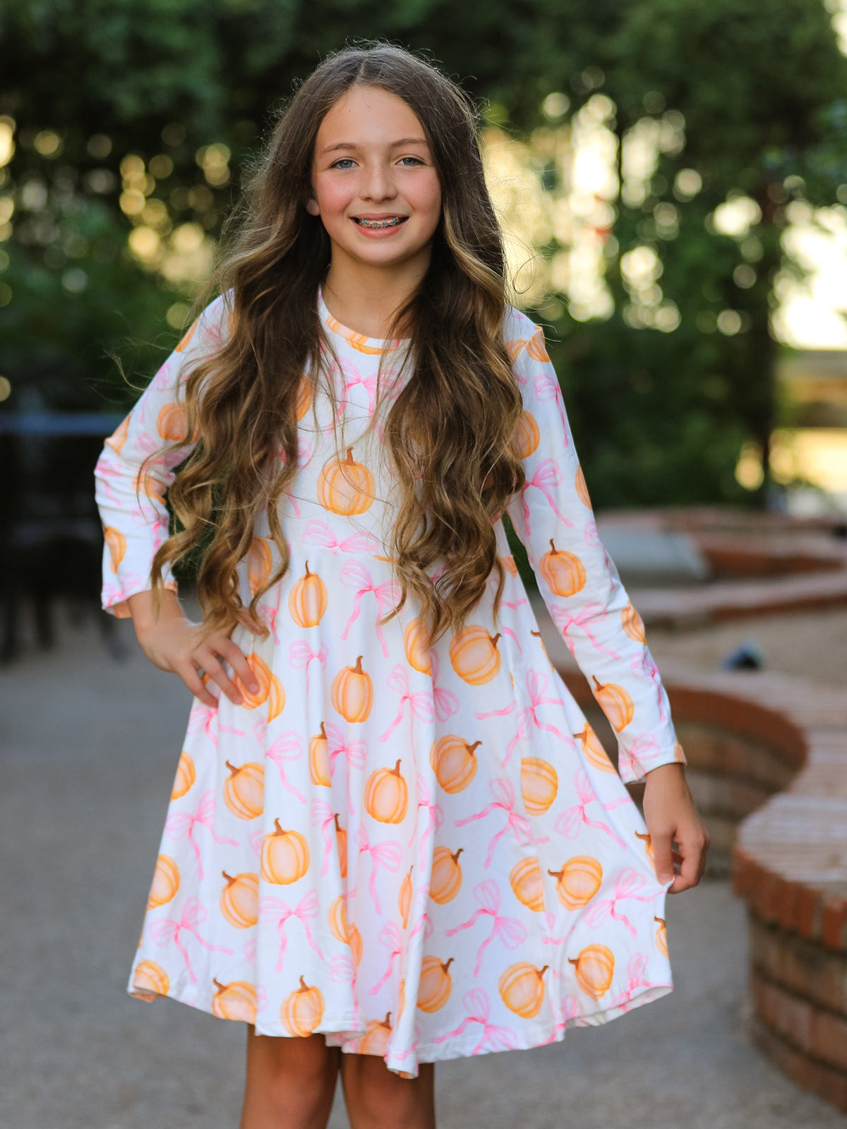 PREORDER Fall Halloween & Thanksgiving Pumpkin Bow Print Long Sleeve Dress