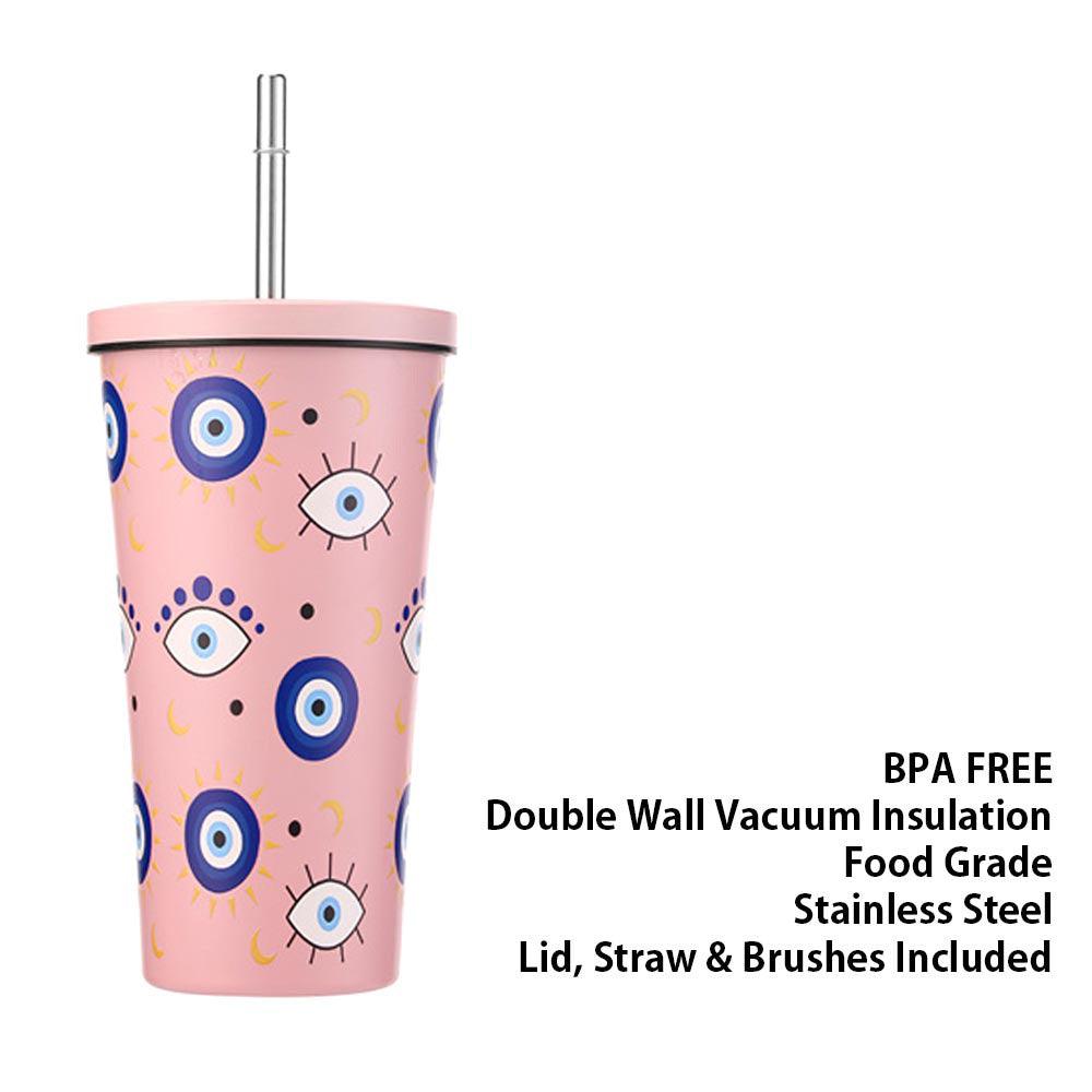 Pink Evil Eye Pattern Printed 16oz Stainless Steel Tumbler