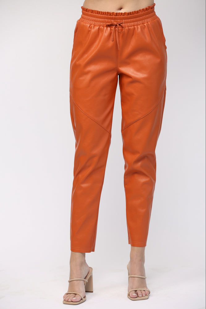 FAUX LEATHER DRAWSTRING WAIST PANTS