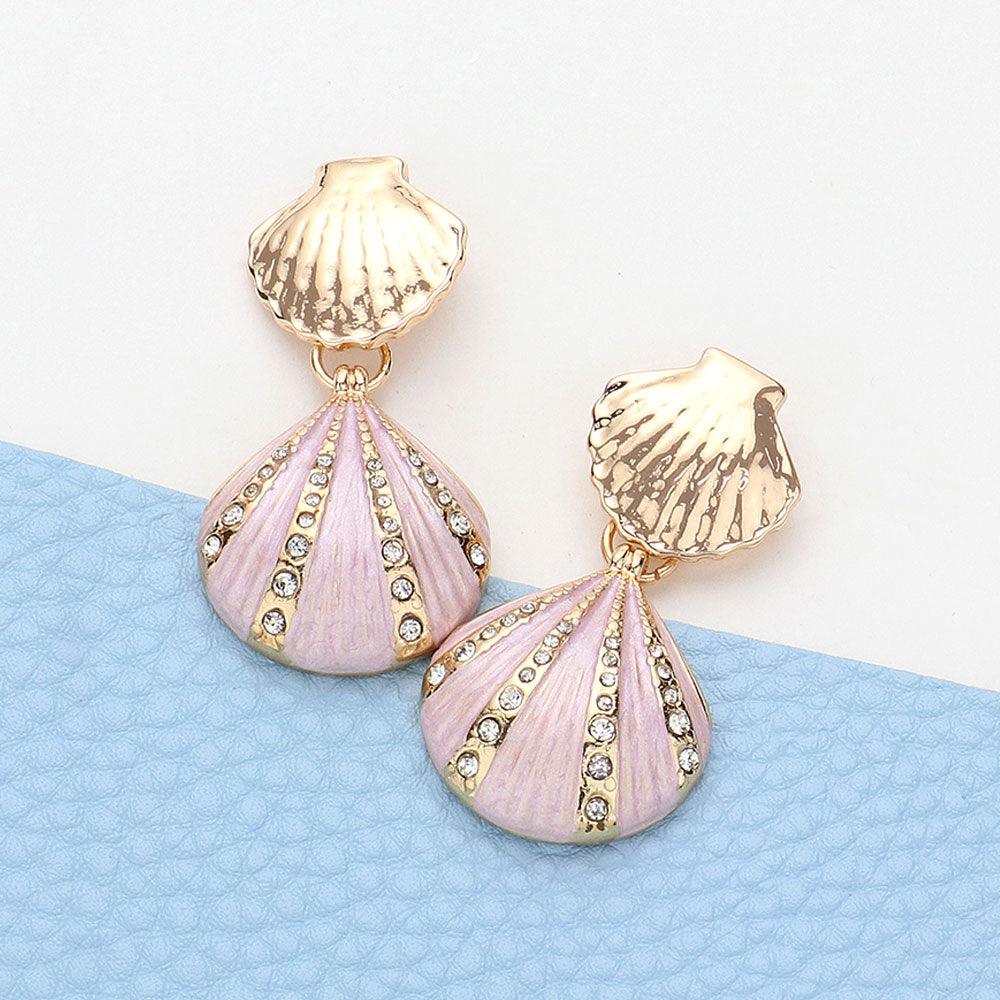 Enamel and Rhinestone Seashell Dangle Earrings