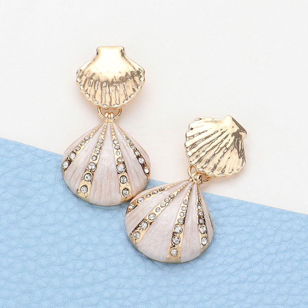 Enamel and Rhinestone Seashell Dangle Earrings