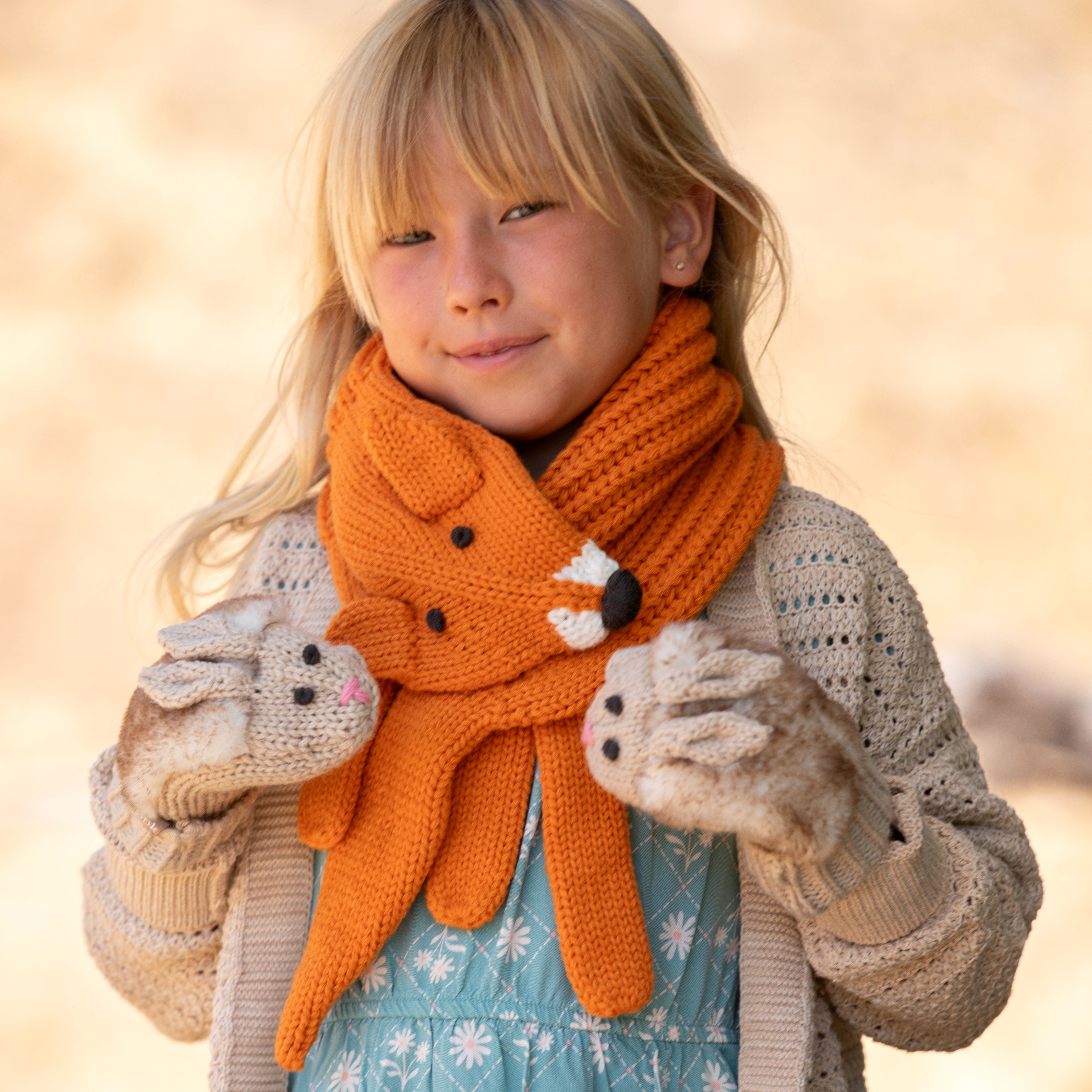 Kids Fox Knitted Neck Scarf - Fun Critter Design for Children All Ages, Unisex, Orange