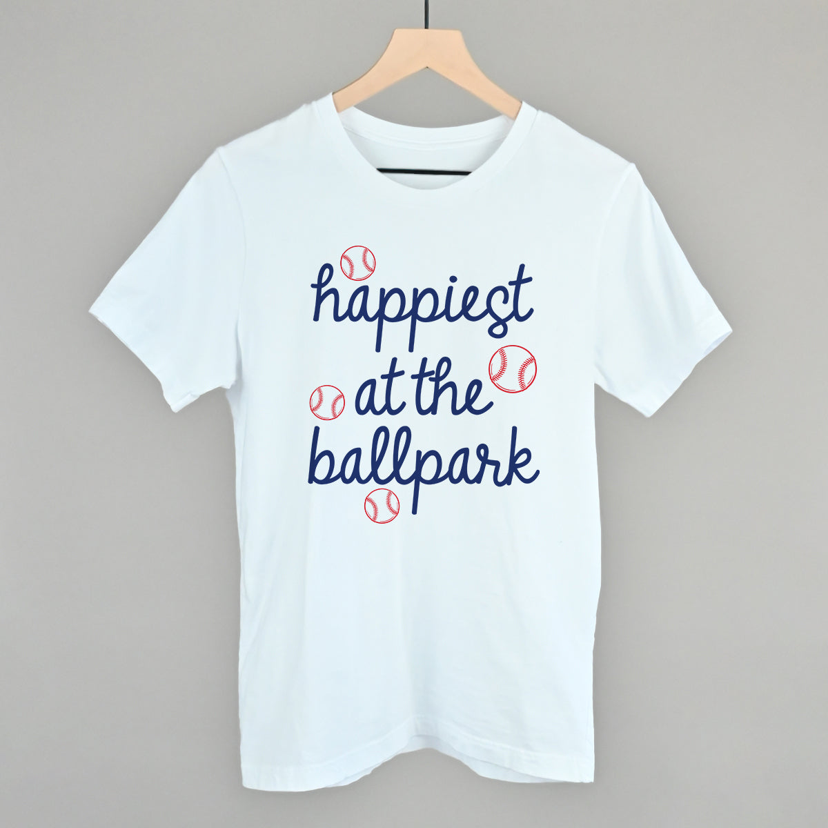 Happiest At The Ballpark Navy Script - Comfort Colors Tee, White - Bexa Boutique