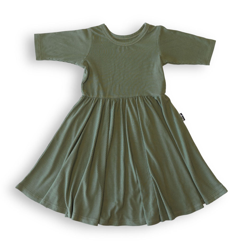 MID SLEEVE TWIRL DRESS- Moss Ribbed