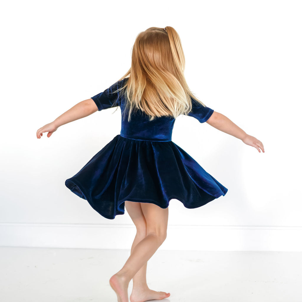 VELVET MID SLEEVE TWIRL- Navy Stretch Velvet Twirl Dress