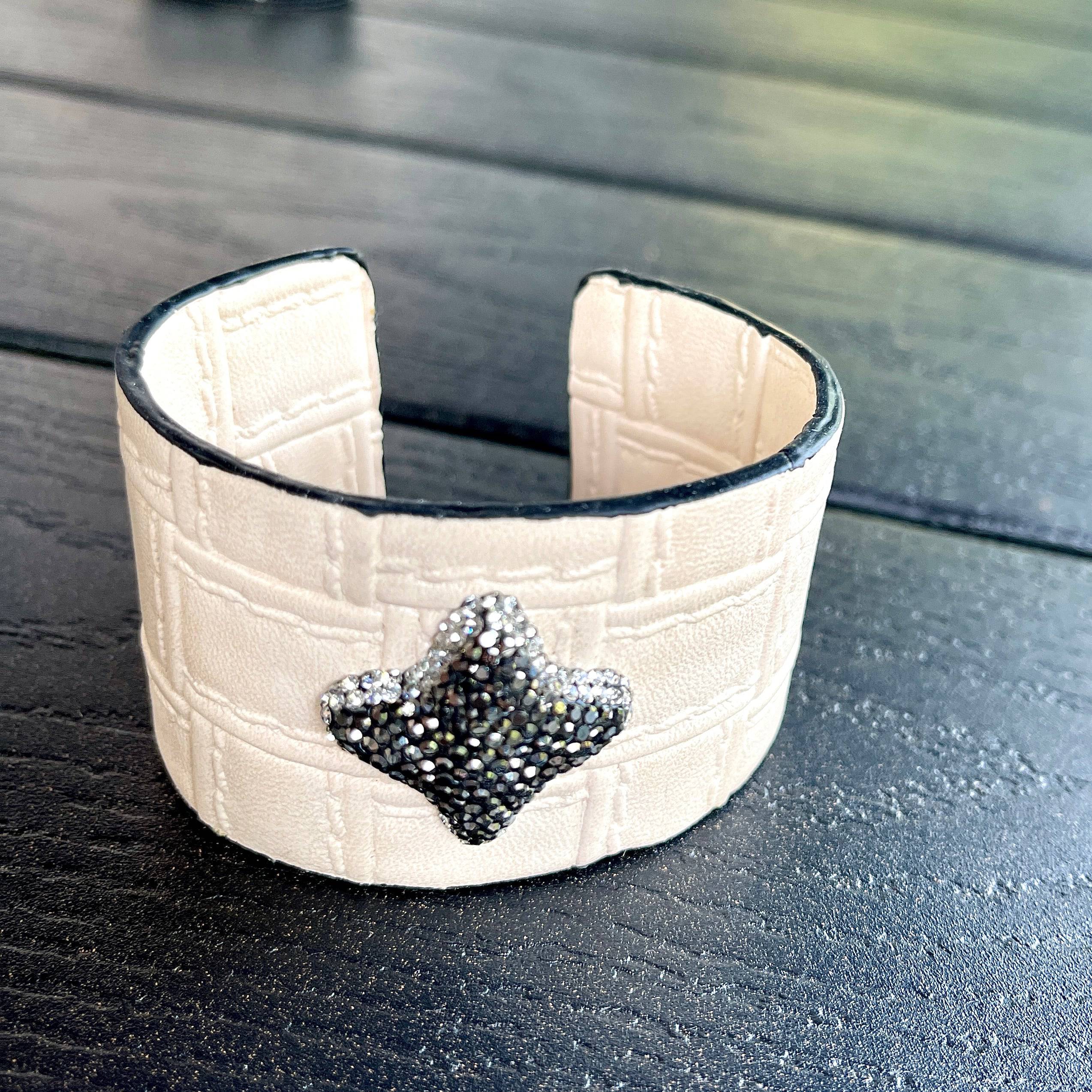 Wide Leather Cuff Bracelet with a Rhinestone Clover Accent - Bexa Boutique