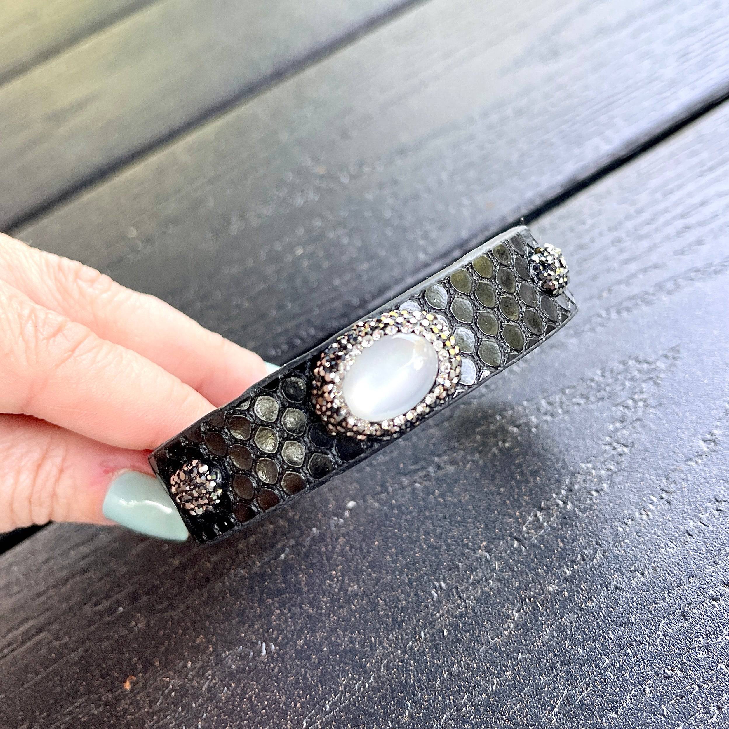 Leather Snake Embossed Open Cuff Bracelet with Opaque Stone and Rhinestones - Bexa Boutique