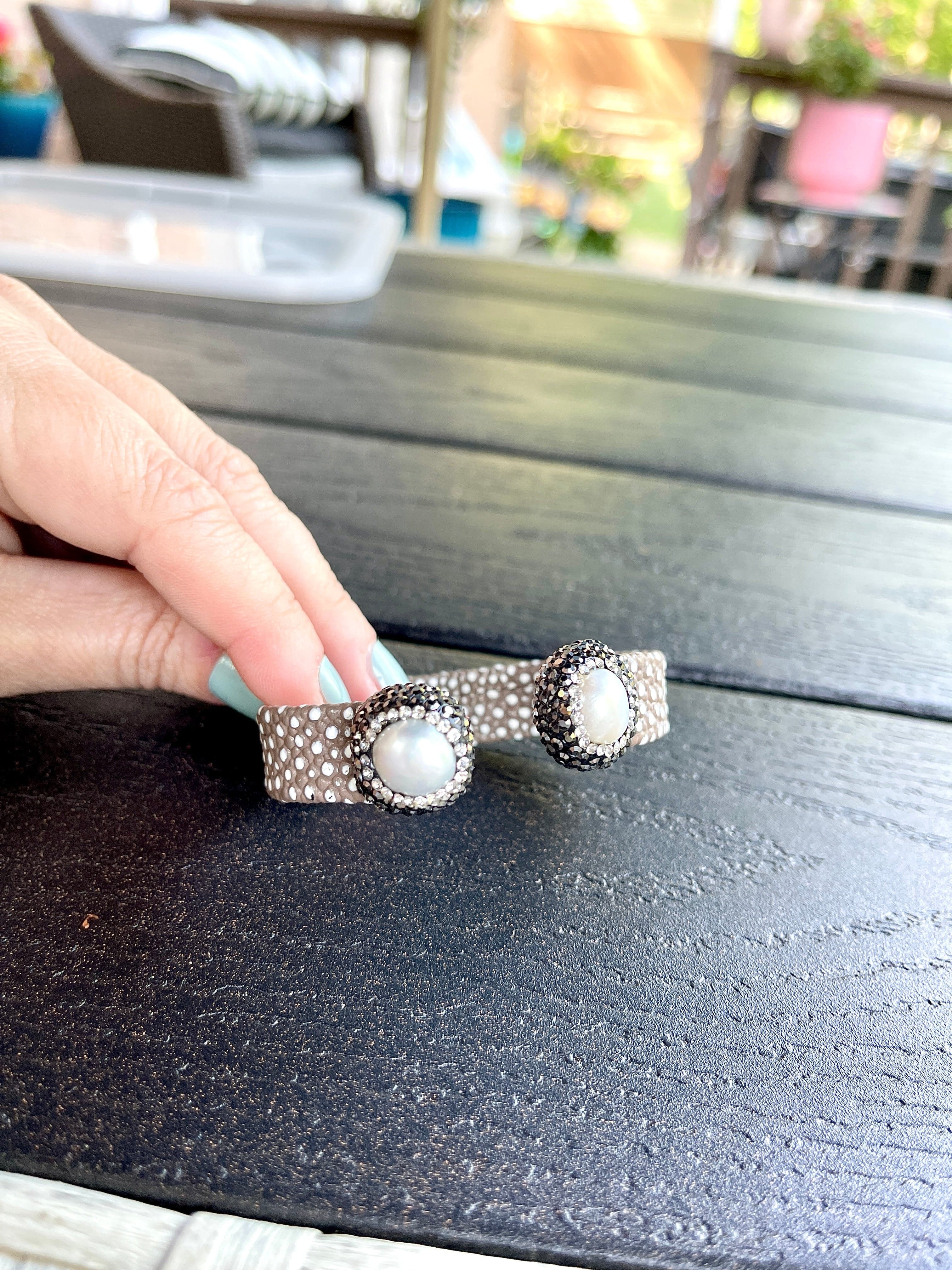 Stingray Light Gray Open Cuff Bracelet with Pearls and Rhinestones - Bexa Boutique