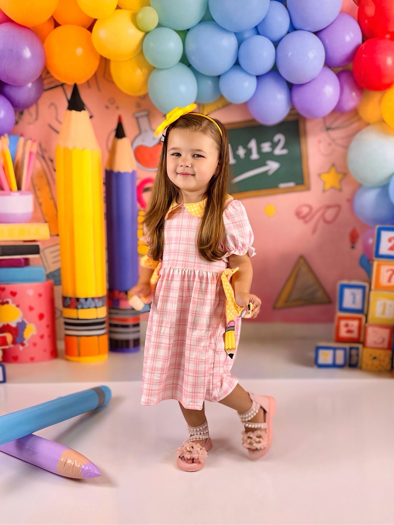 Girls Back To School Pencil Twirl Dress Bow Applique Smocked