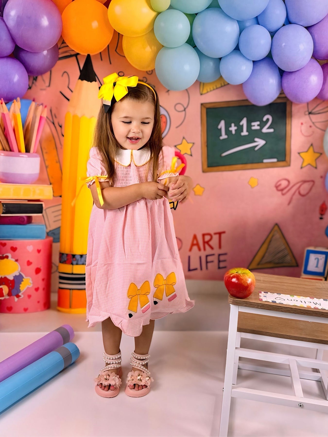 Girls Back To School Pencil Twirl Dress Bow Applique Smocked