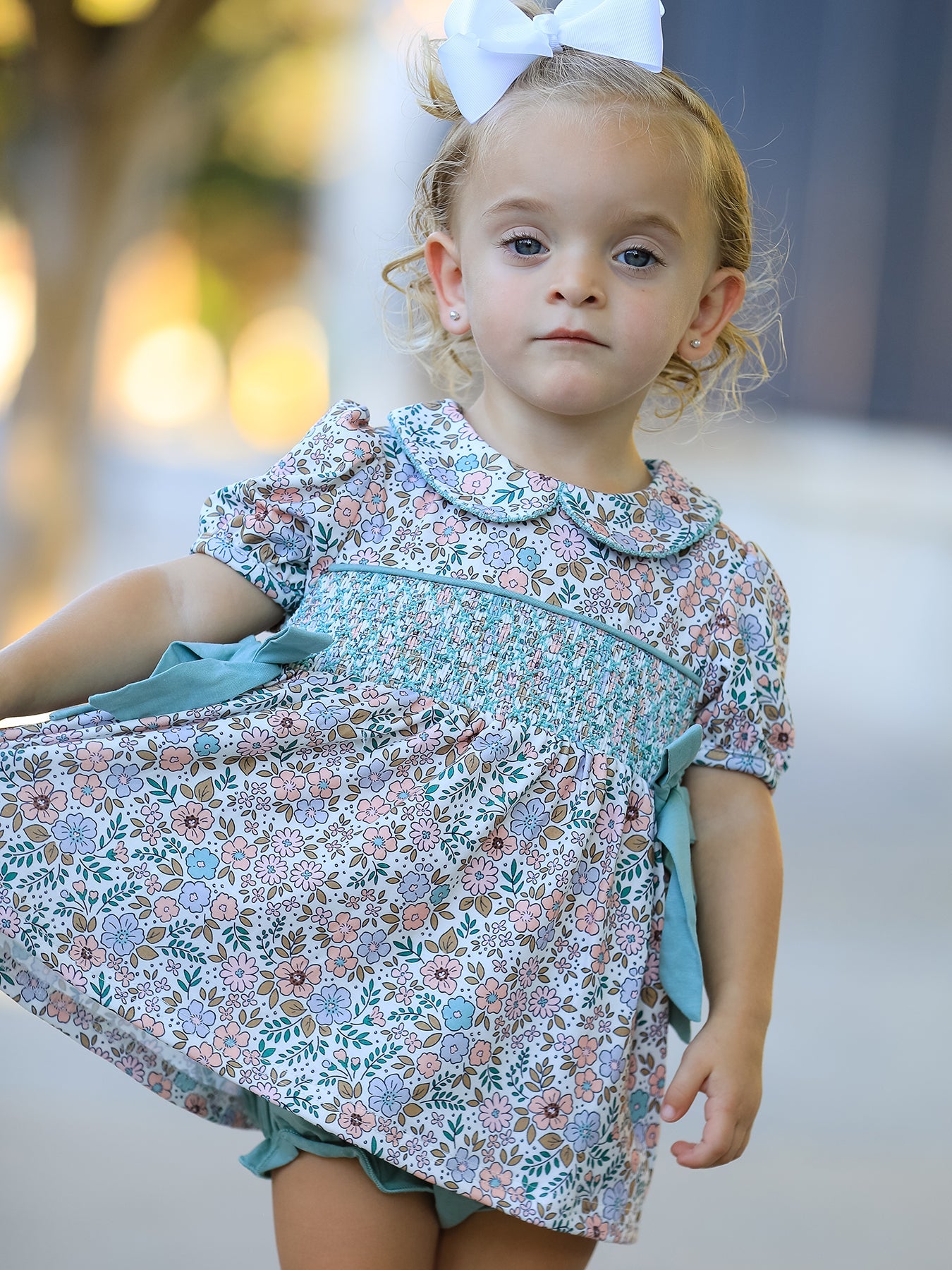 Sage Green Floral Smocked Girl Bloomer Set