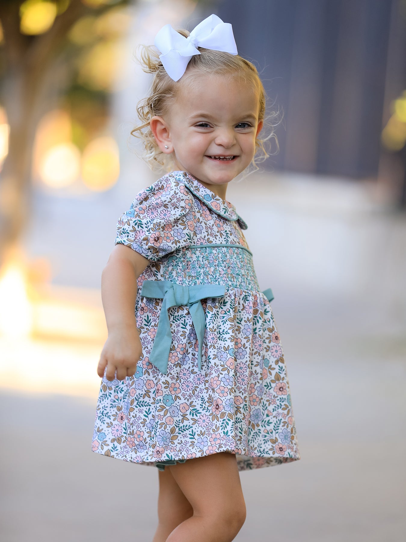 Sage Green Floral Smocked Girl Bloomer Set