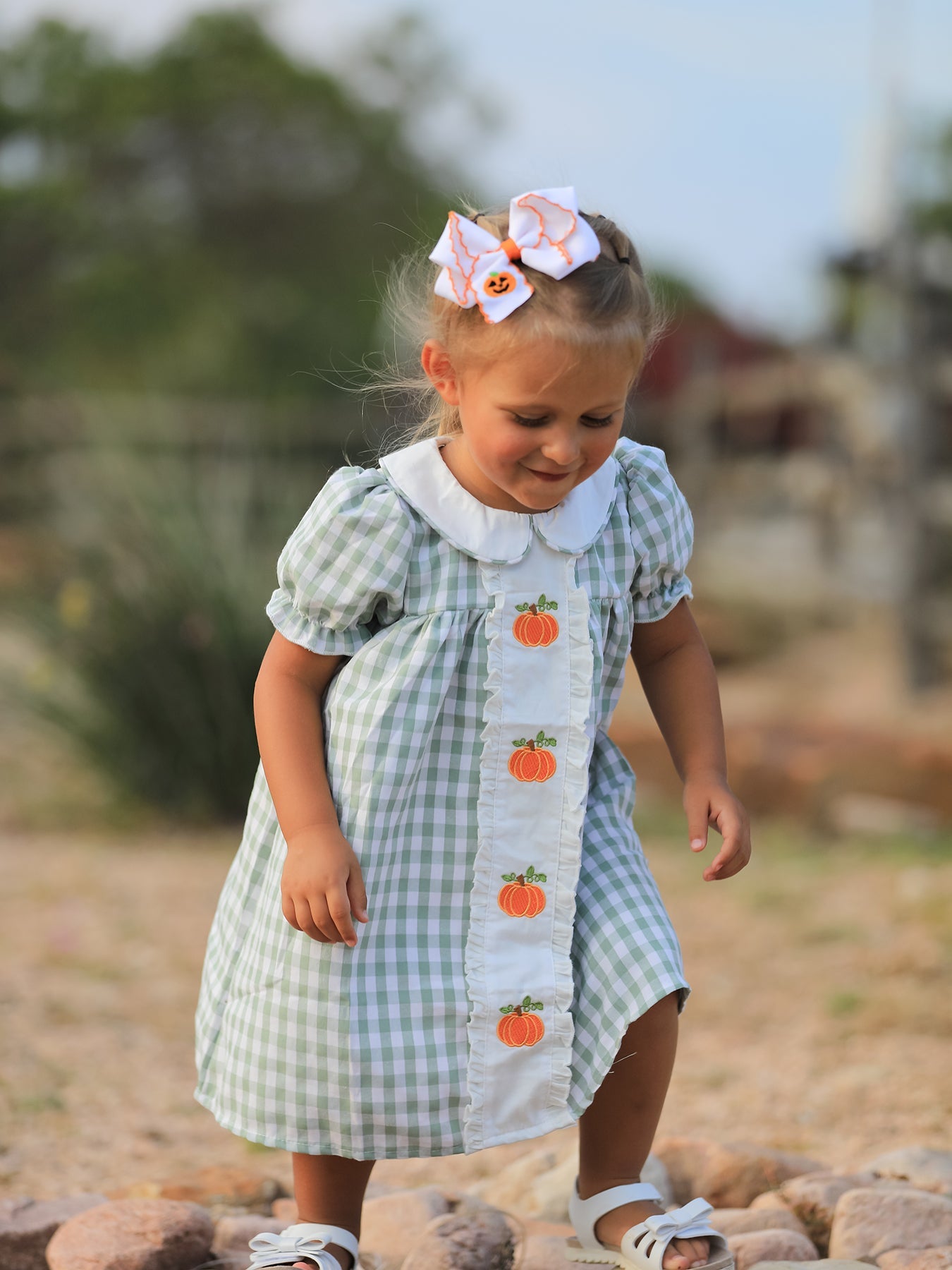 Fall Halloween & Thanksgiving Pumpkin Applique Plaid Green Girls Dress