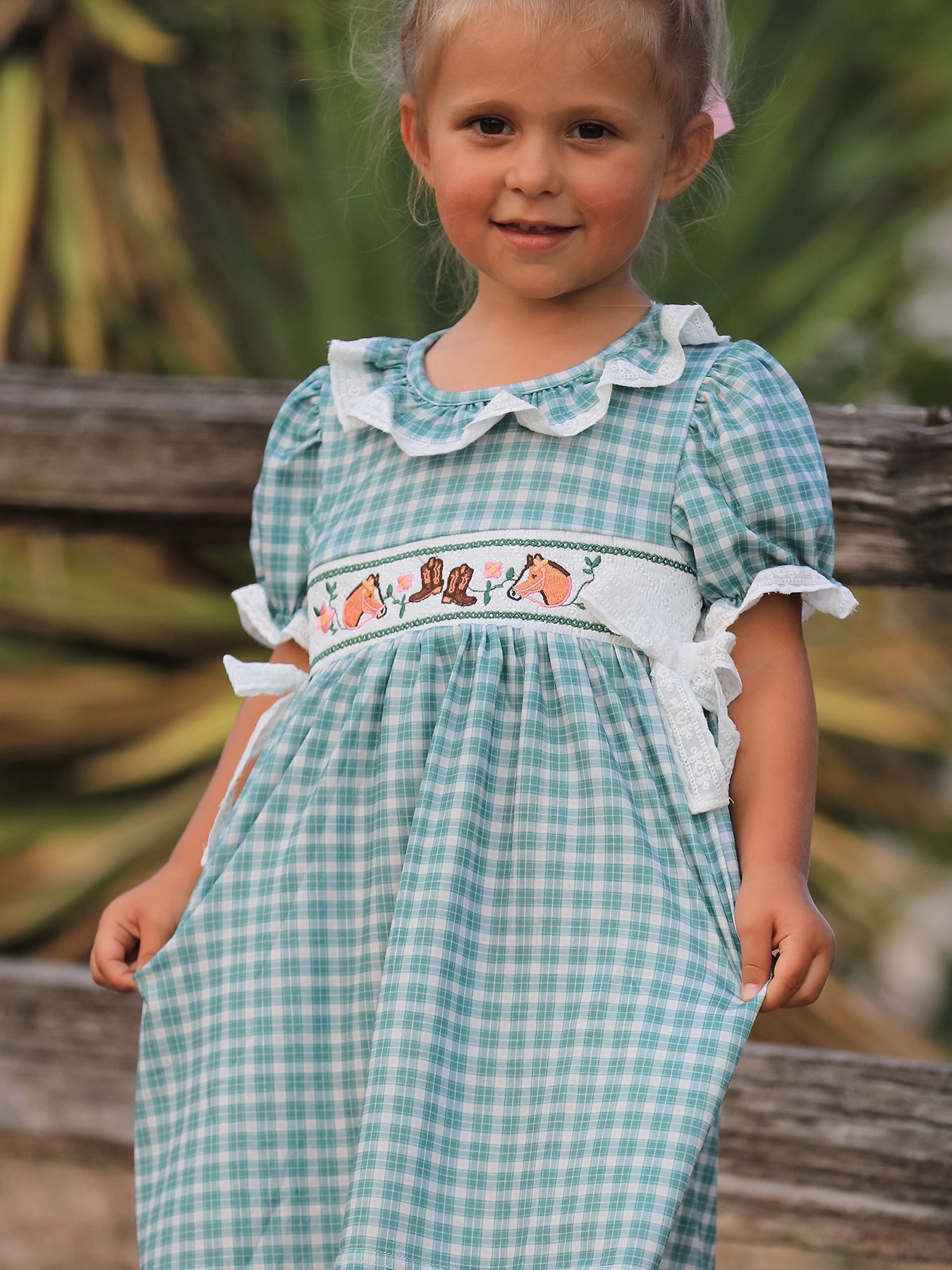 Western Plaid Horse Embroidered Girl Dress