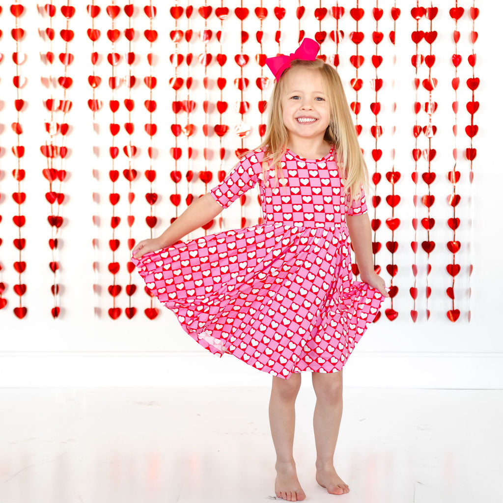 MID SLEEVE TWIRL DRESS- Red Hearts