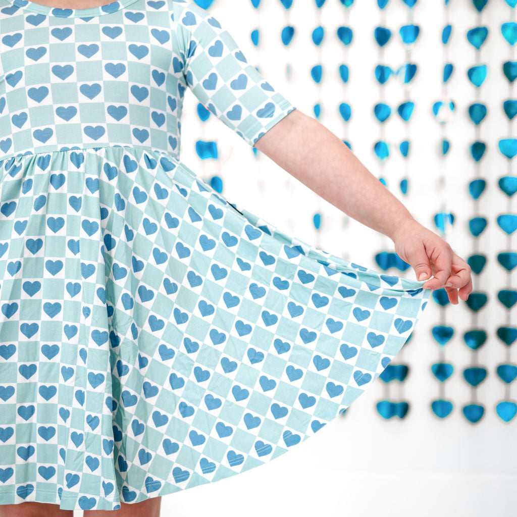 MID SLEEVE TWIRL DRESS- Blue Hearts