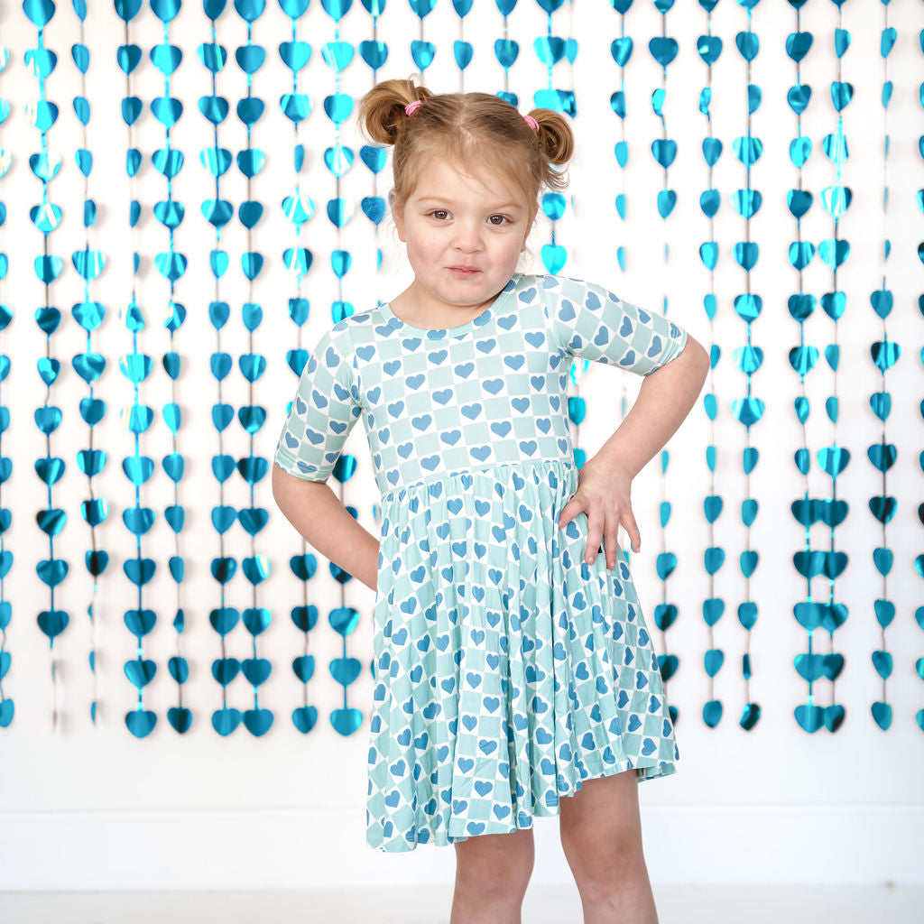 MID SLEEVE TWIRL DRESS- Blue Hearts