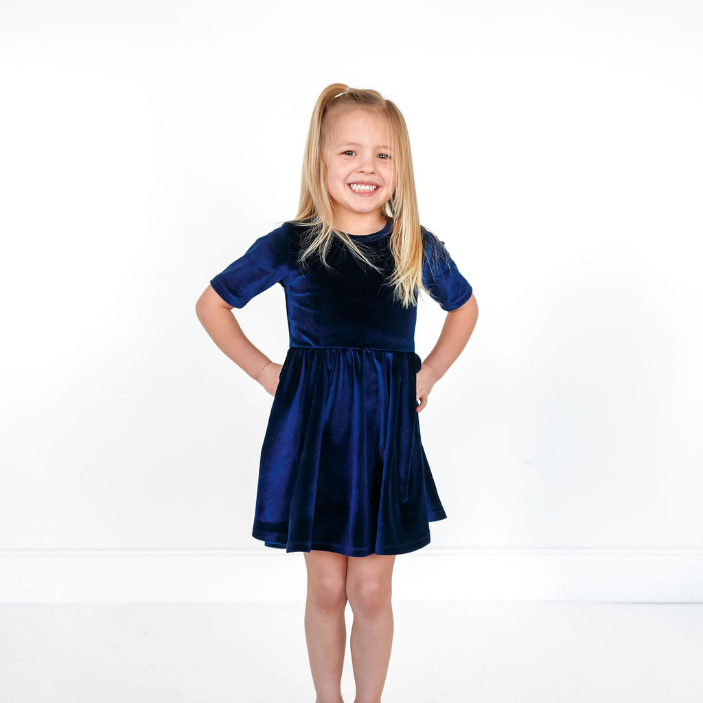 VELVET MID SLEEVE TWIRL- Navy Stretch Velvet Twirl Dress