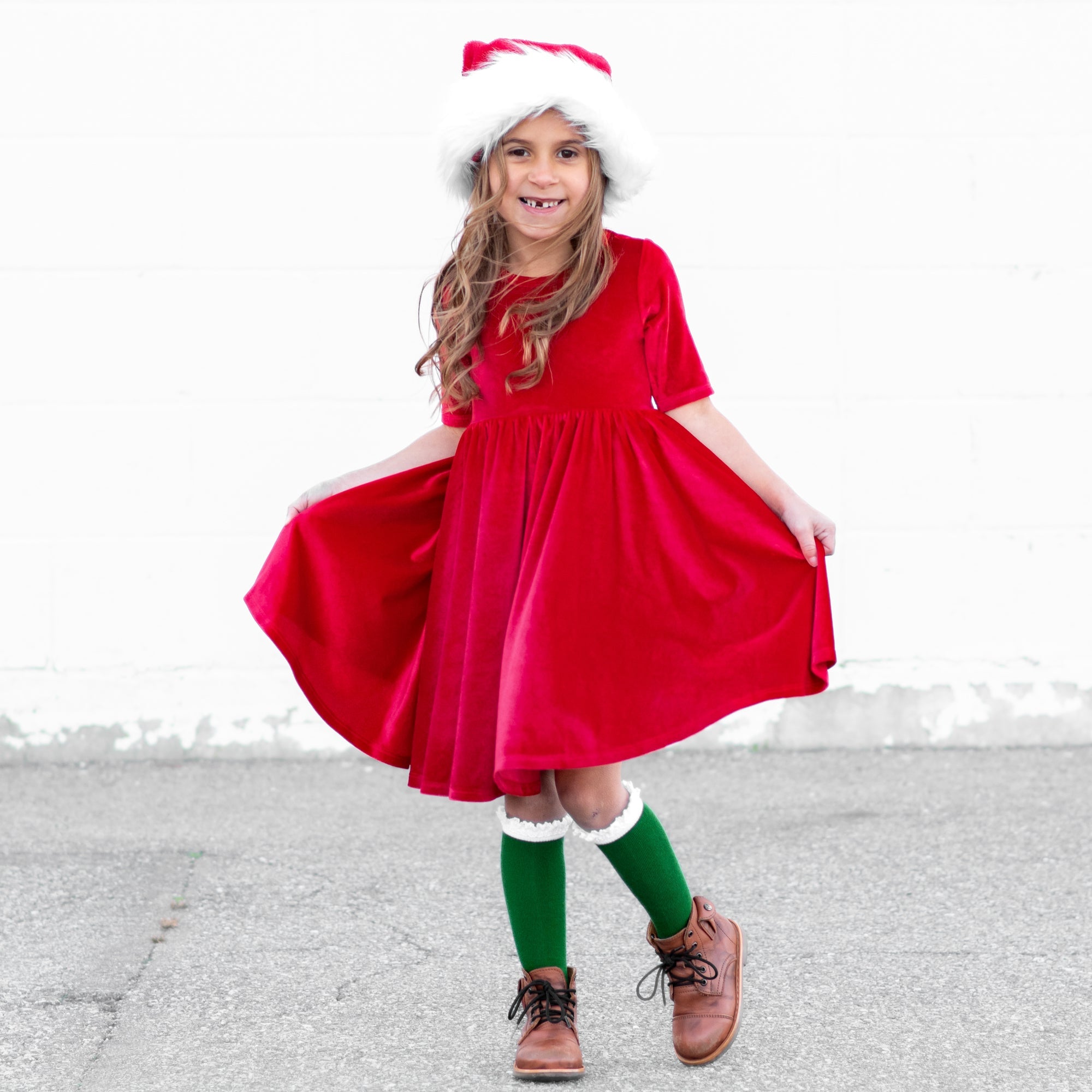 VELVET MID SLEEVE TWIRL- Ruby Red Stretch Velvet Twirl Dress