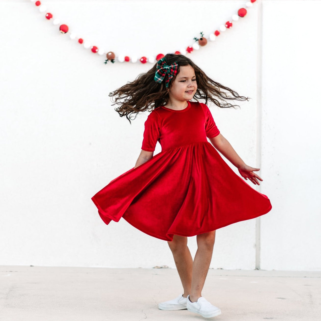 VELVET MID SLEEVE TWIRL- Ruby Red Stretch Velvet Twirl Dress