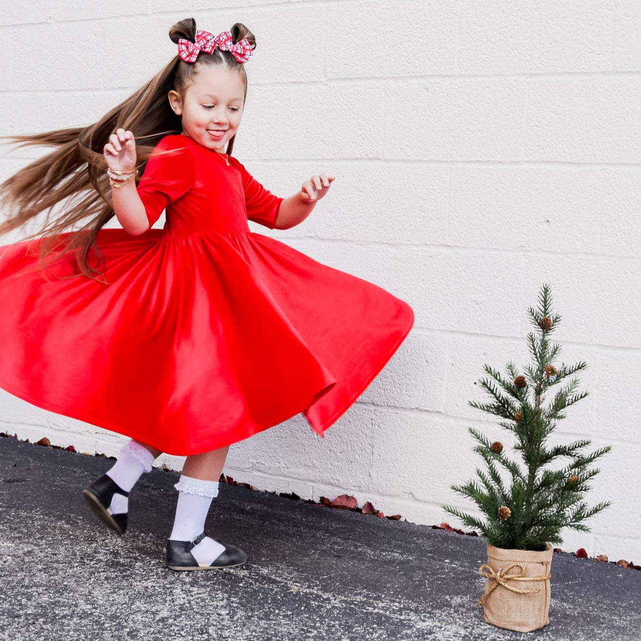 VELVET MID SLEEVE TWIRL- Ruby Red Stretch Velvet Twirl Dress