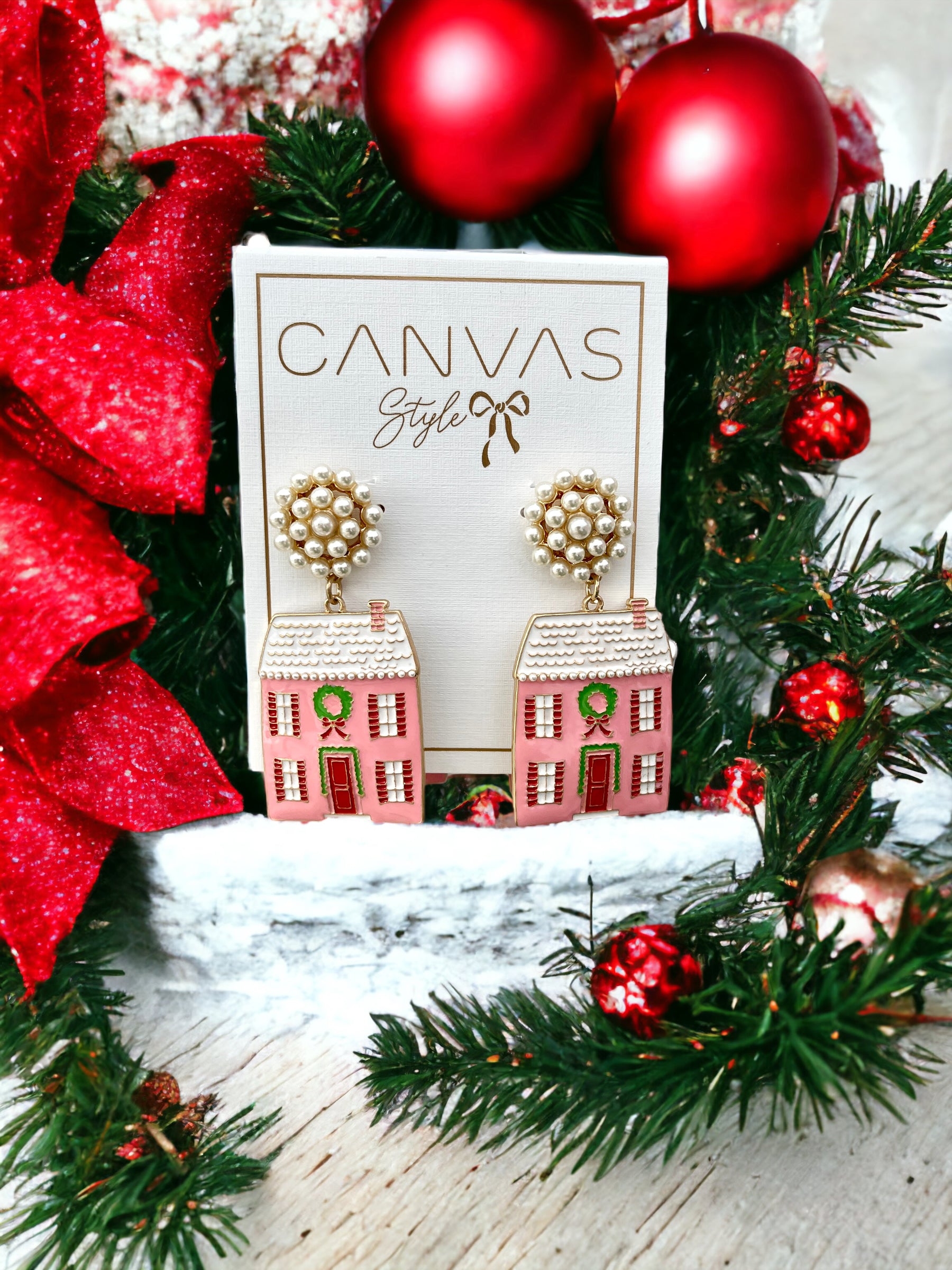 Pink Christmas House Enamel Earrings - Bexa Boutique