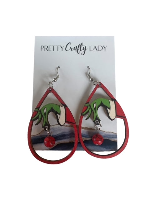Grinch Teardrop Wood Cut Out Earrings - Pretty Crafty Lady Shop