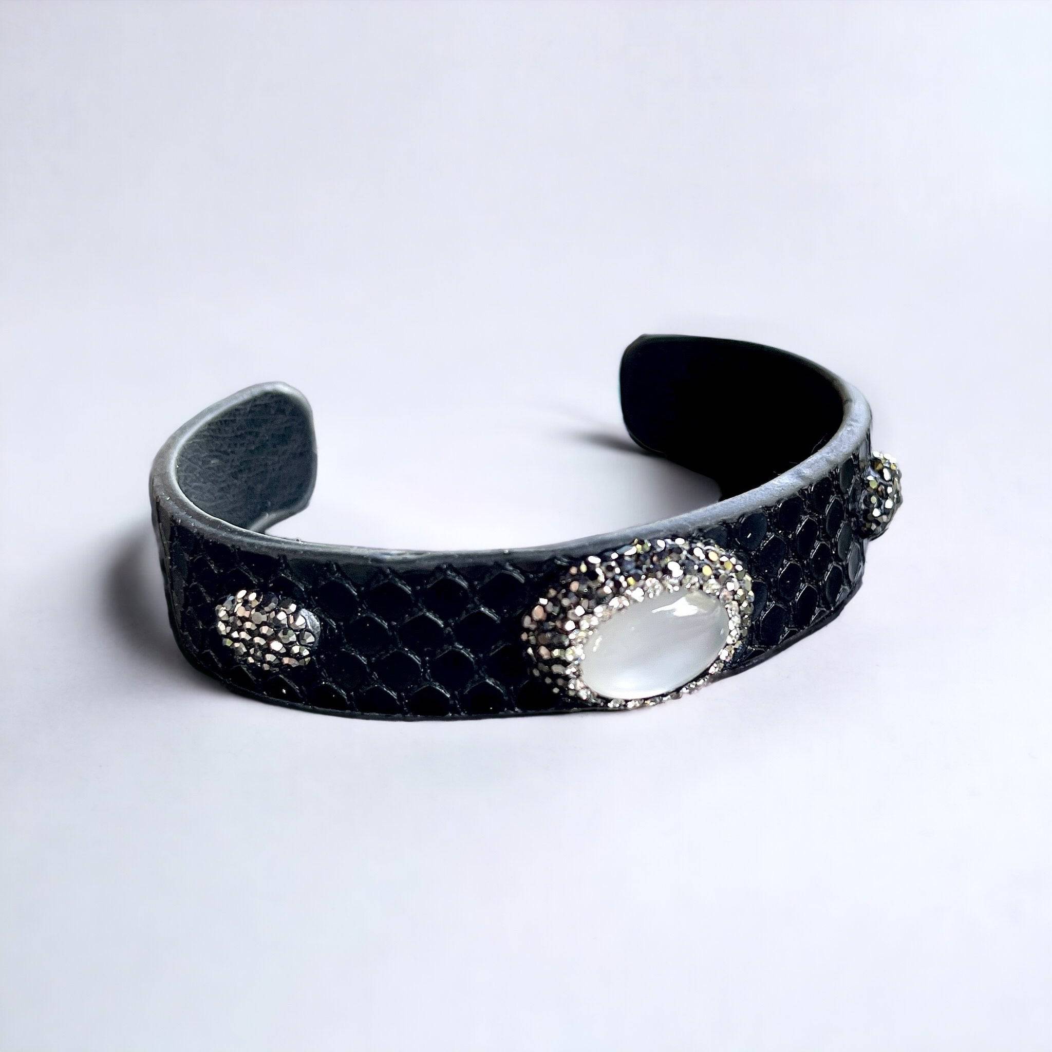 Leather Snake Embossed Open Cuff Bracelet with Opaque Stone and Rhinestones - Bexa Boutique