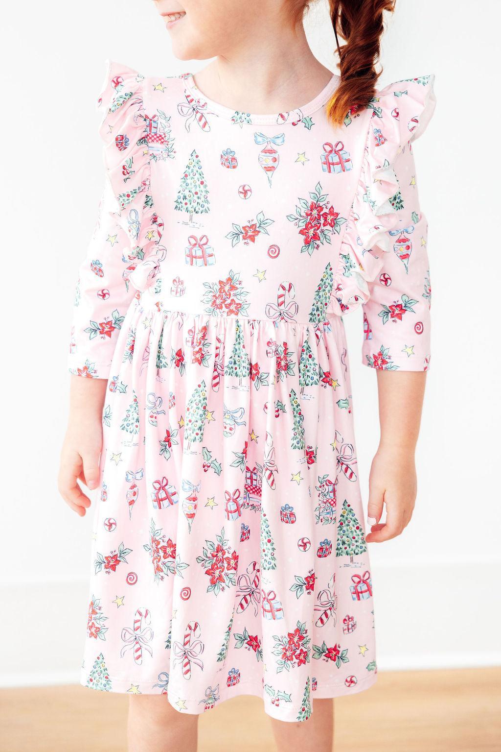 Pink Christmas 3/4 Sleeve Ruffle Twirl Dress