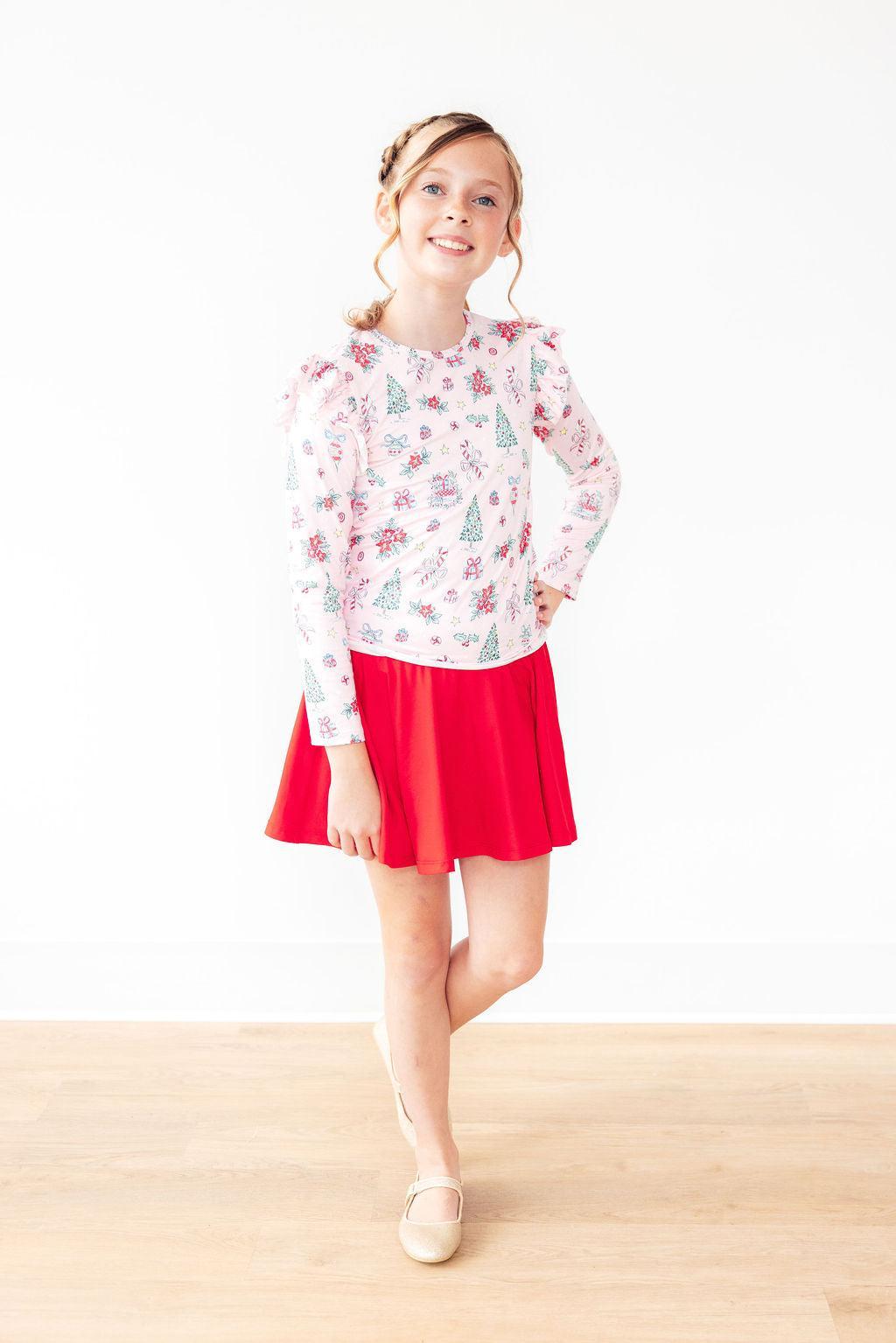 Pink Christmas L/S Ruffle Tee