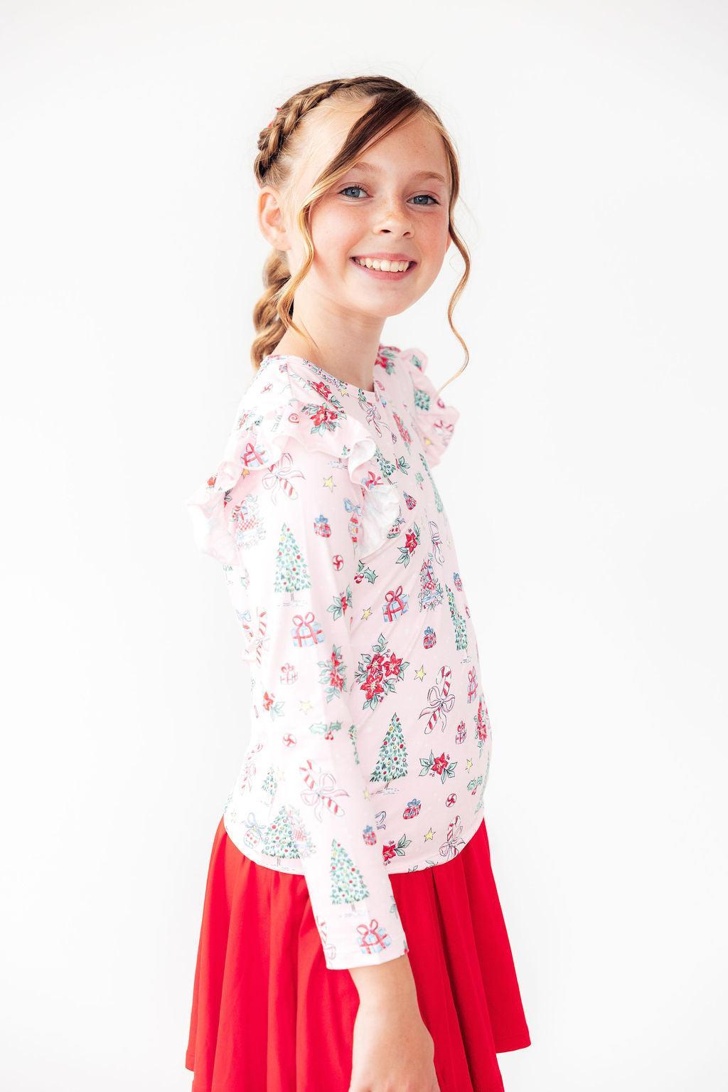 Pink Christmas L/S Ruffle Tee