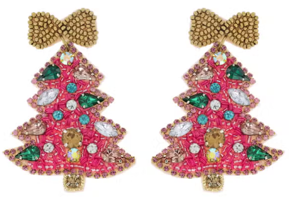 Pink Rhinestone Christmas Tree Dangle Earrings - Pretty Crafty Lady Shop