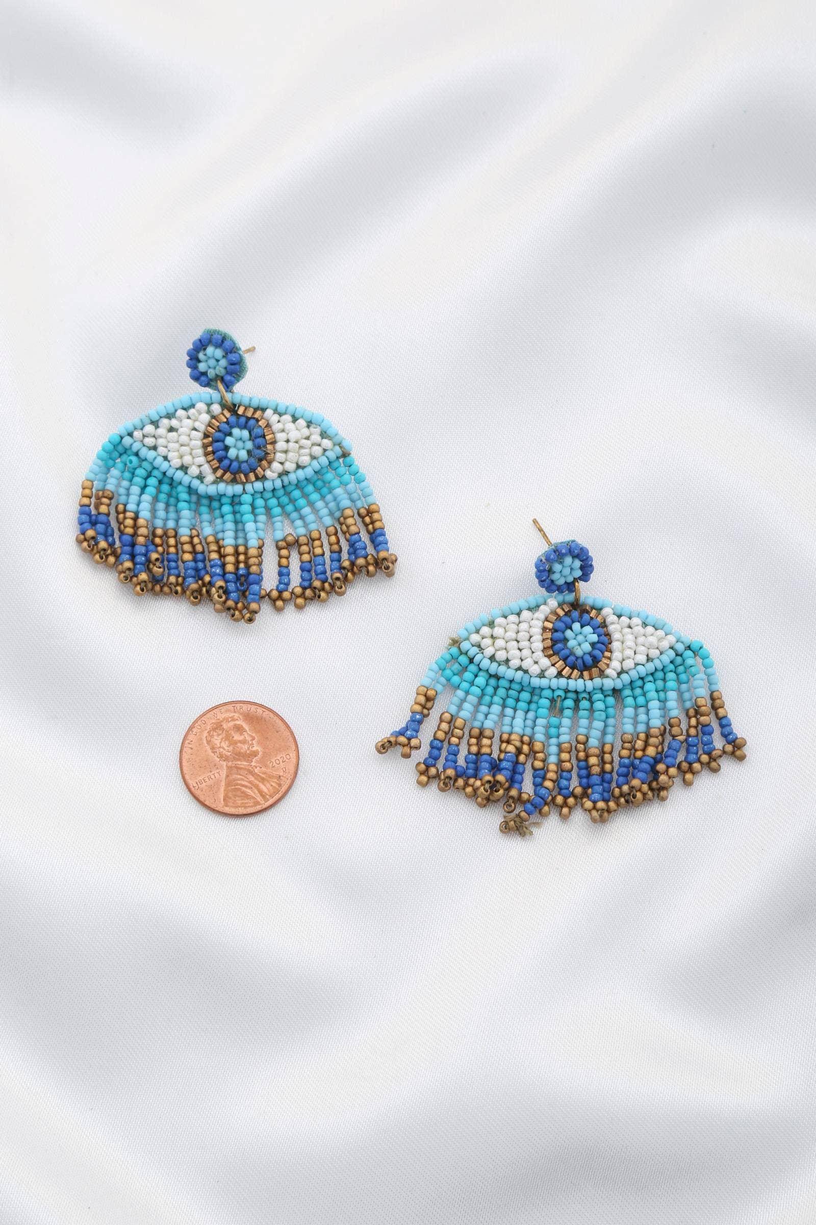 Multi Color Seed Bead Evil Eye Earrings w/Fringe