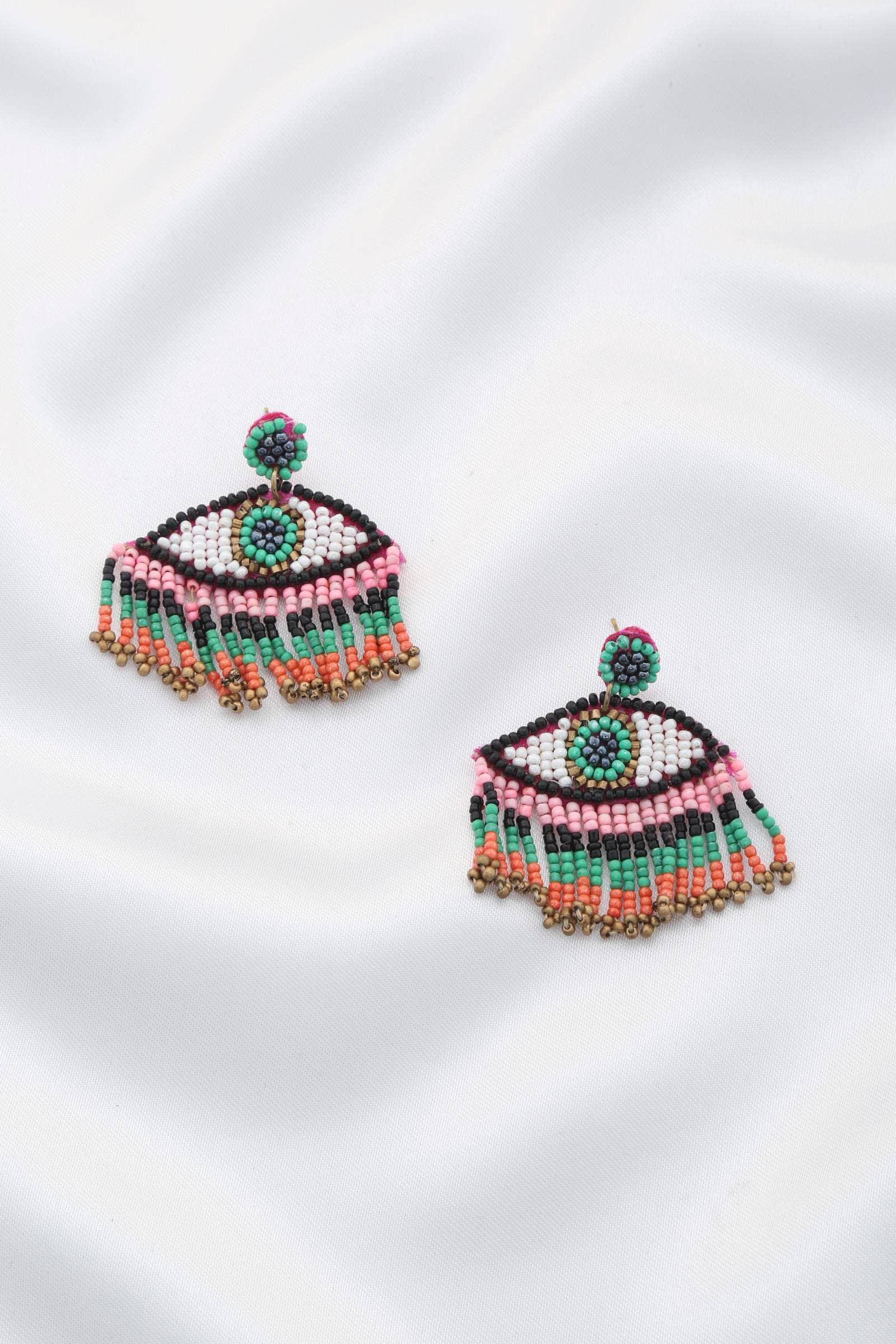 Multi Color Seed Bead Evil Eye Earrings w/Fringe