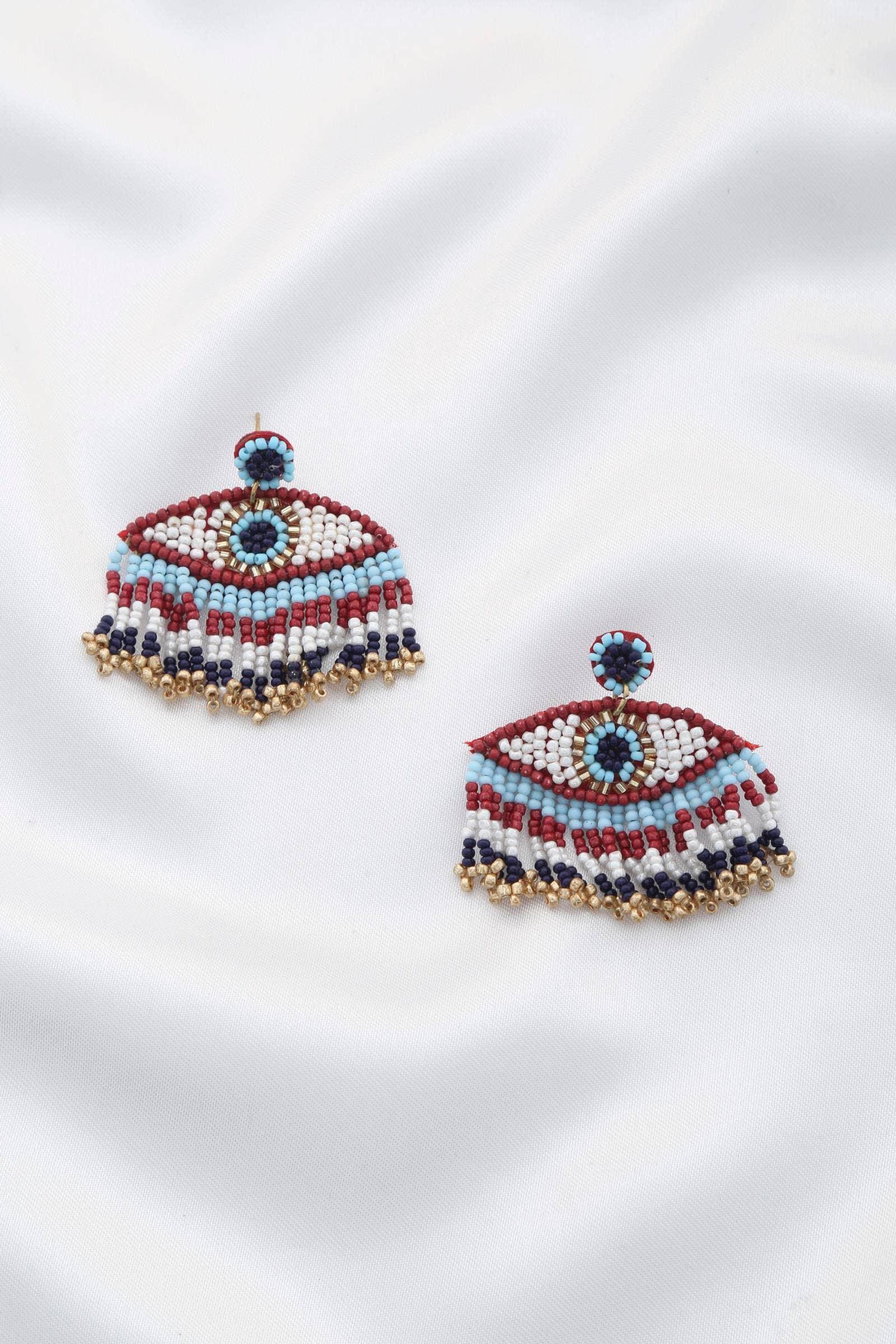 Multi Color Seed Bead Evil Eye Earrings w/Fringe