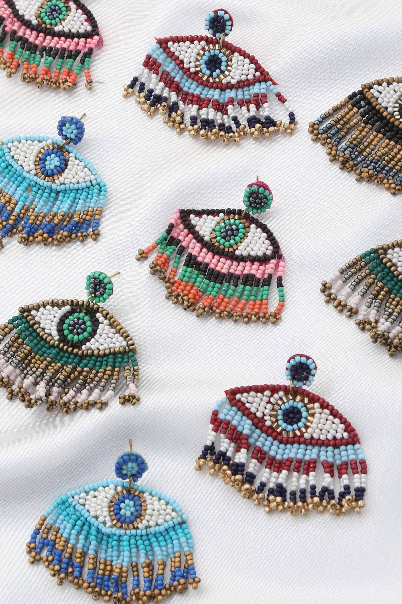 Multi Color Seed Bead Evil Eye Earrings w/Fringe