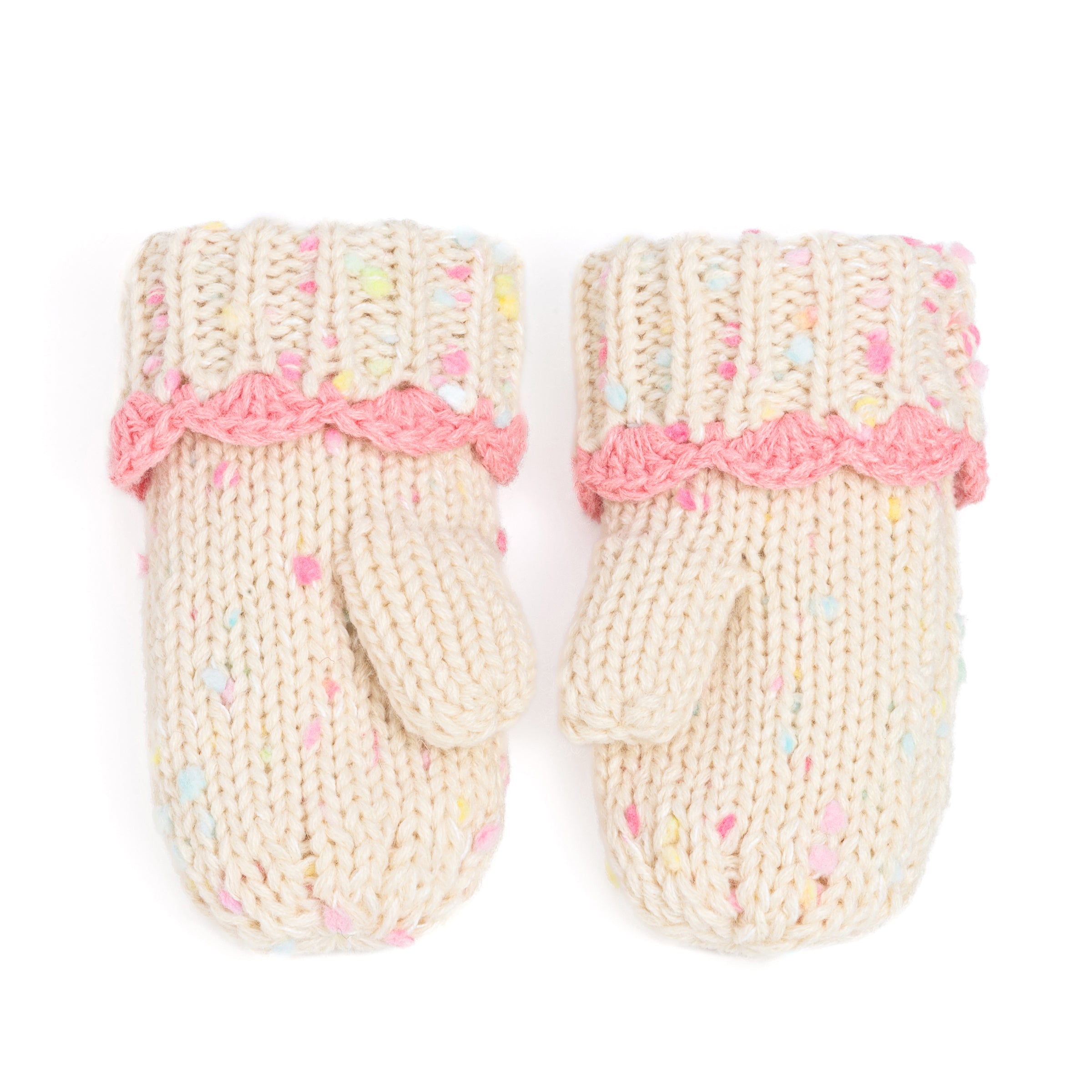 Girls Fun Speckled Knit Mittens with Scalloped Lace Cuff, for Kids All Ages 1-12 Years, Fleece-lined