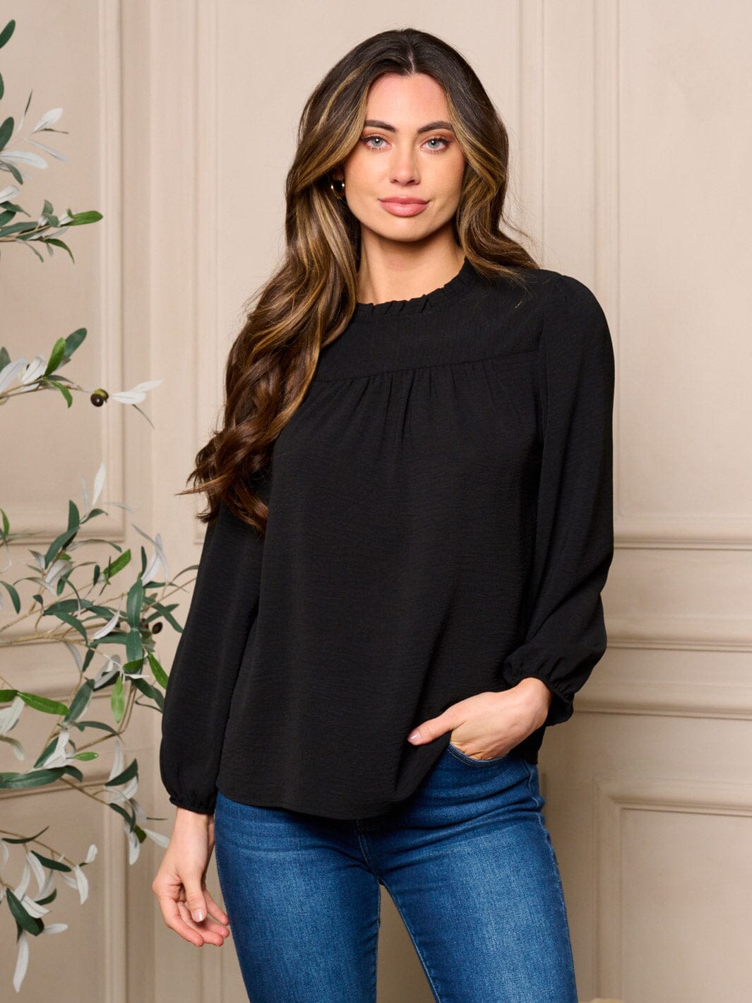 Long Sleeve Ruffle Neck Blouse